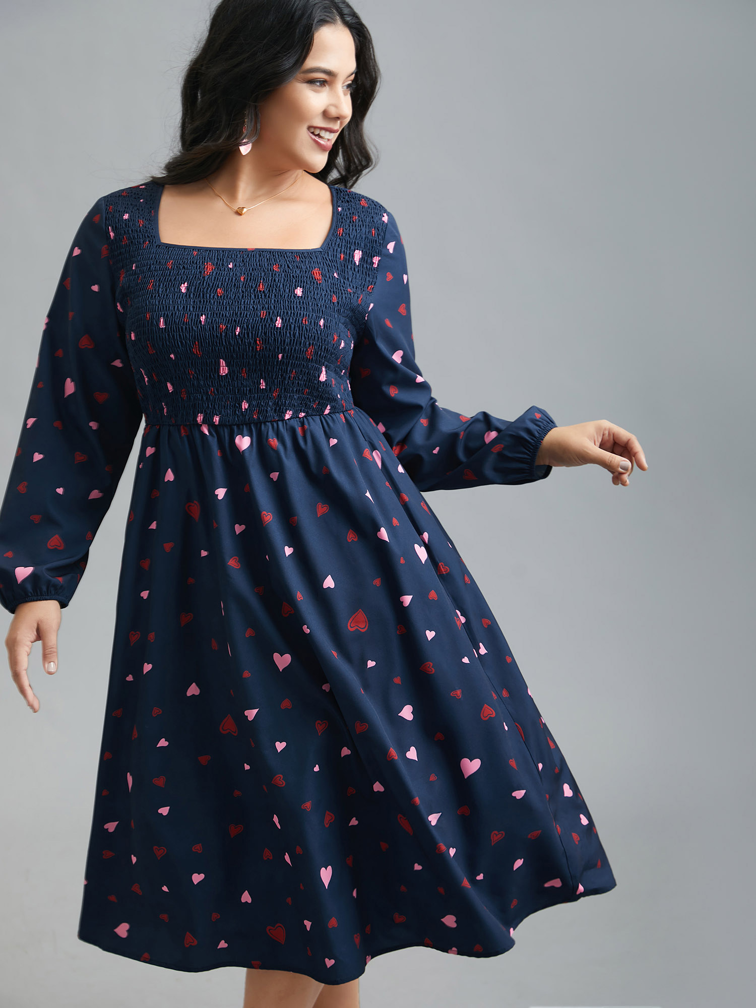 

Plus Size Square Neck Shirred Hearts Midi Dress Indigo Women Elegant Shirred Square Neck Long Sleeve Curvy BloomChic 14/M