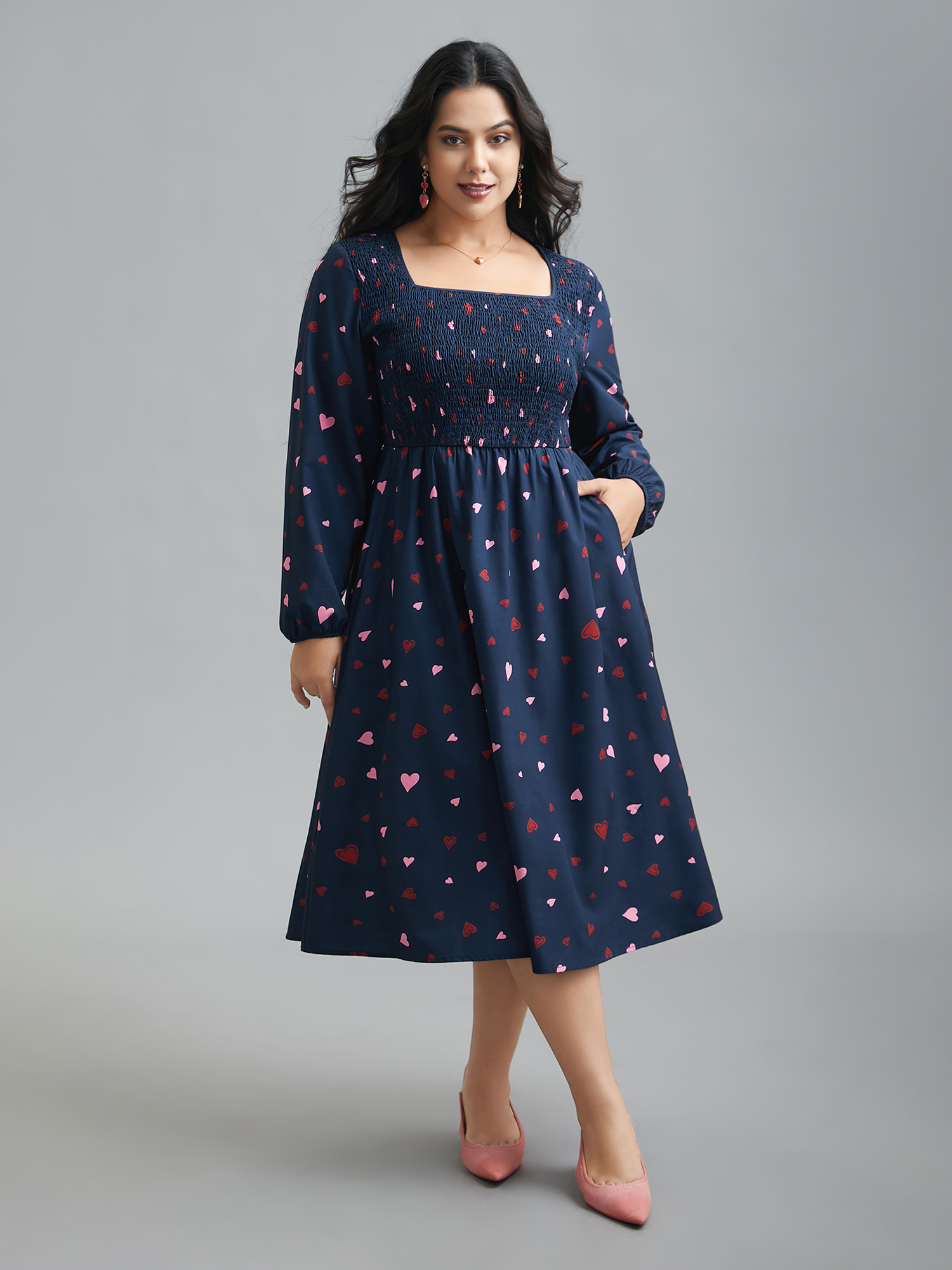 

Plus Size Square Neck Shirred Hearts Midi Dress Indigo Women Elegant Shirred Square Neck Long Sleeve Curvy BloomChic 32/5X