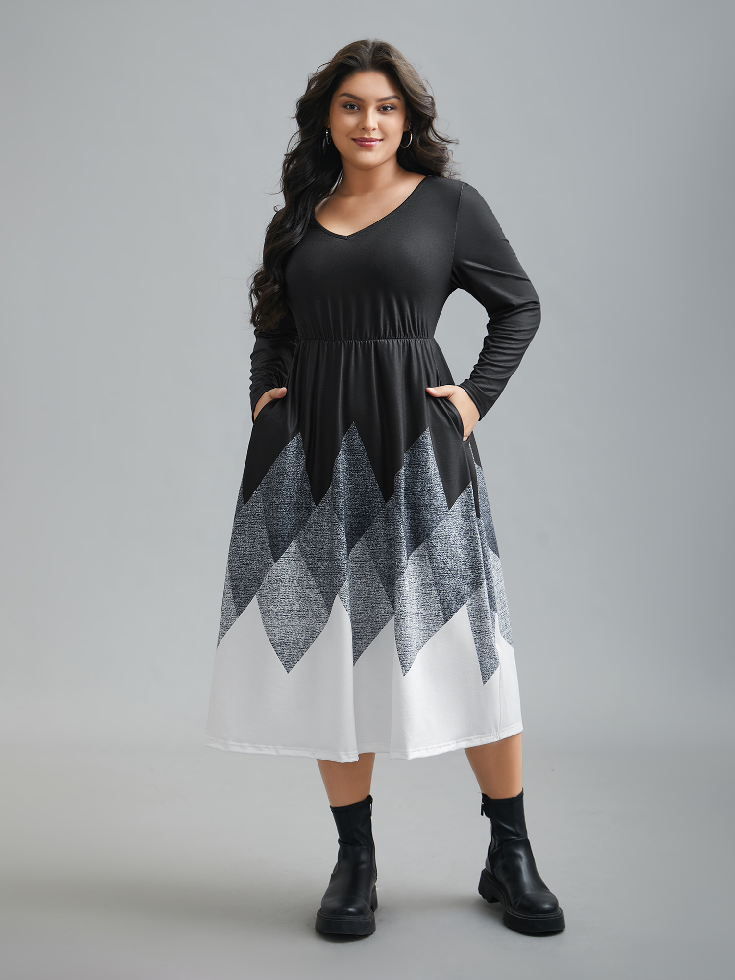 

Plus Size V Neck Ombre Print Spliced Midi Dress Black Women Casual Contrast Knit Dresses Bloomchic