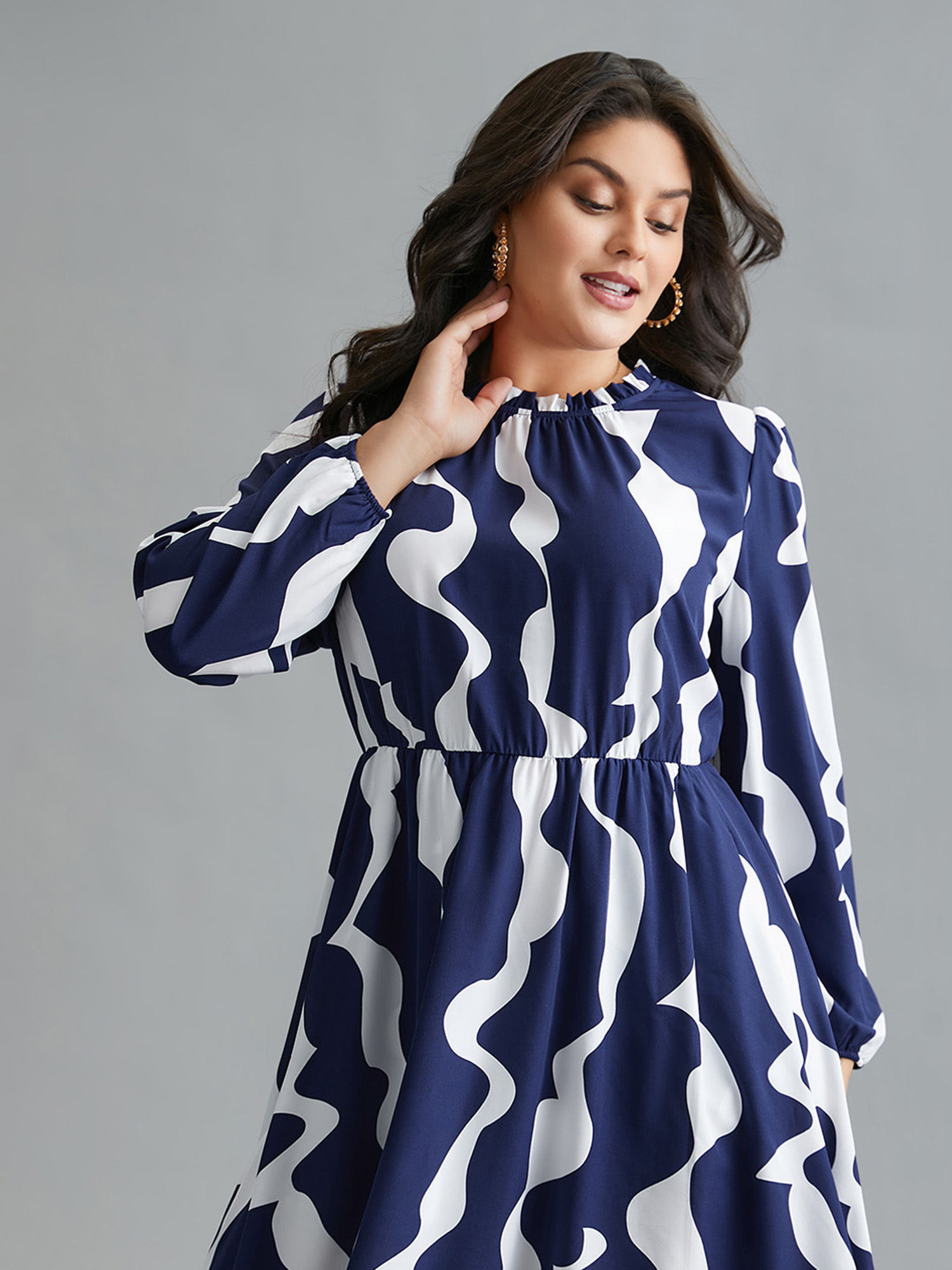 Plus Size Round Neck Color Contrast Frill Trim Dress Navy Women Elegant Frill Trim Round Neck Long Sleeve Curvy BloomChic 22-24/3X 