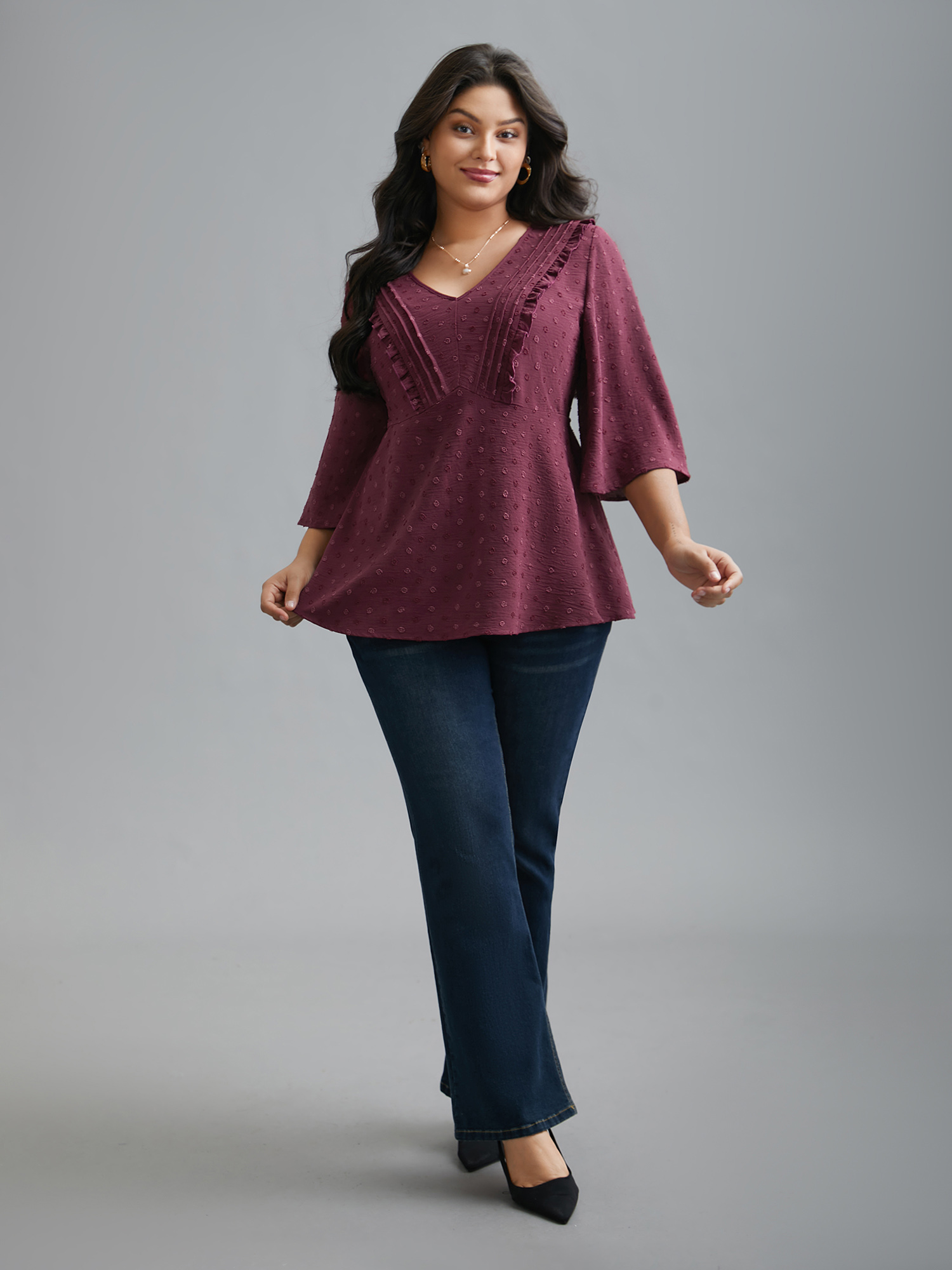 Plus Size Plum Ruffled Pleated Stretchy Waist Flowy Blouse Women Elegant Elbow-length sleeve V-neck Everyday Blouses BloomChic 14-16/1X 