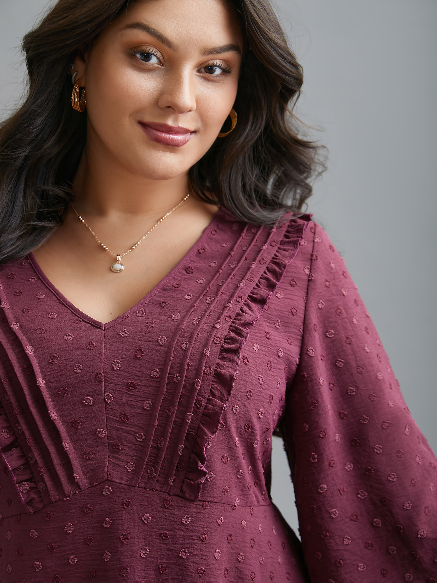 Plus Size Plum Ruffled Pleated Stretchy Waist Flowy Blouse Women Elegant Elbow-length sleeve V-neck Everyday Blouses BloomChic 14-16/1X 