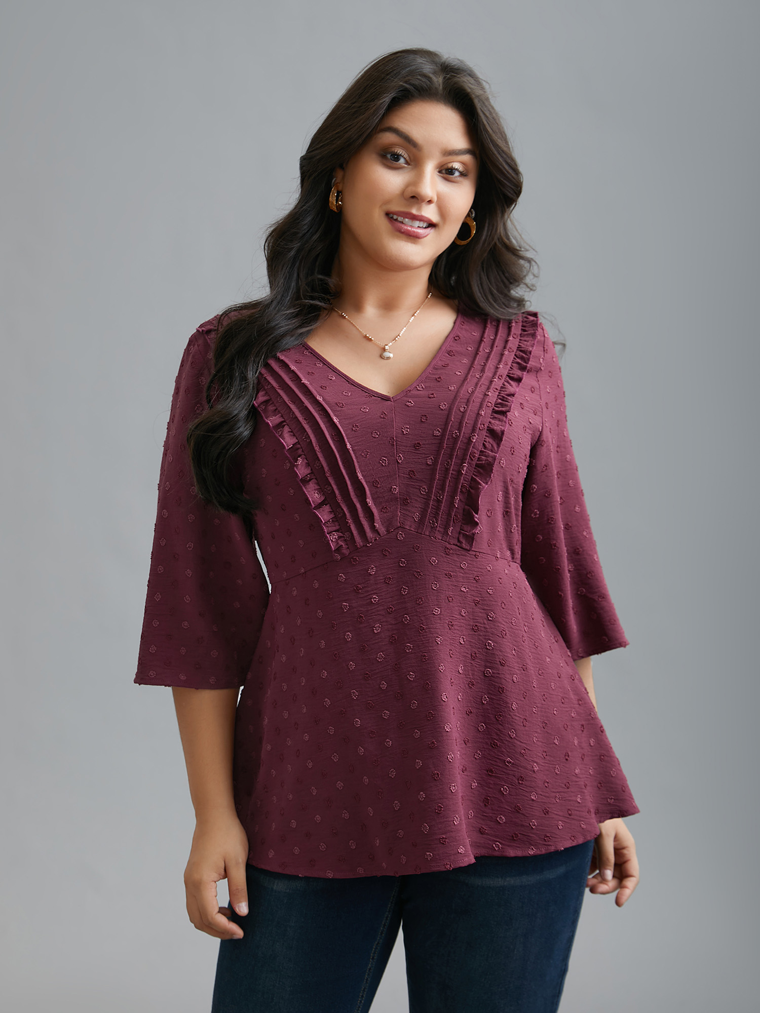 Plus Size Plum Ruffled Pleated Stretchy Waist Flowy Blouse Women Elegant Elbow-length sleeve V-neck Everyday Blouses BloomChic 14-16/1X 