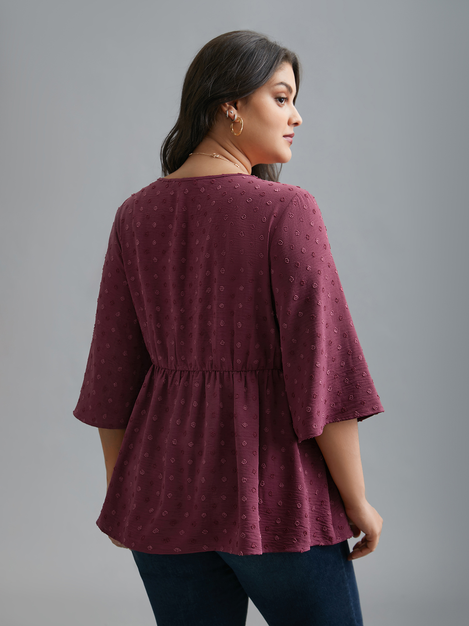Plus Size Plum Ruffled Pleated Stretchy Waist Flowy Blouse Women Elegant Elbow-length sleeve V-neck Everyday Blouses BloomChic 14-16/1X 