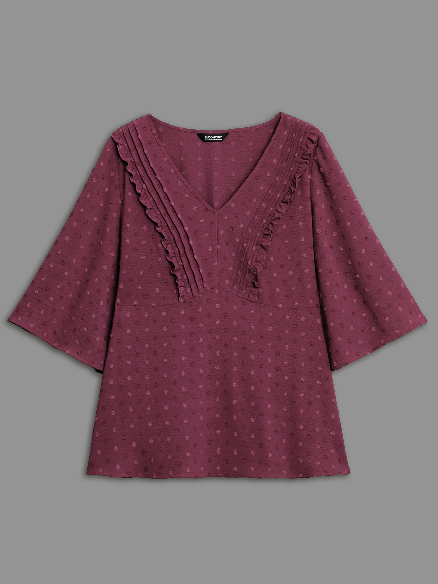 Plus Size Plum Ruffled Pleated Stretchy Waist Flowy Blouse Women Elegant Elbow-length sleeve V-neck Everyday Blouses BloomChic 14-16/1X 