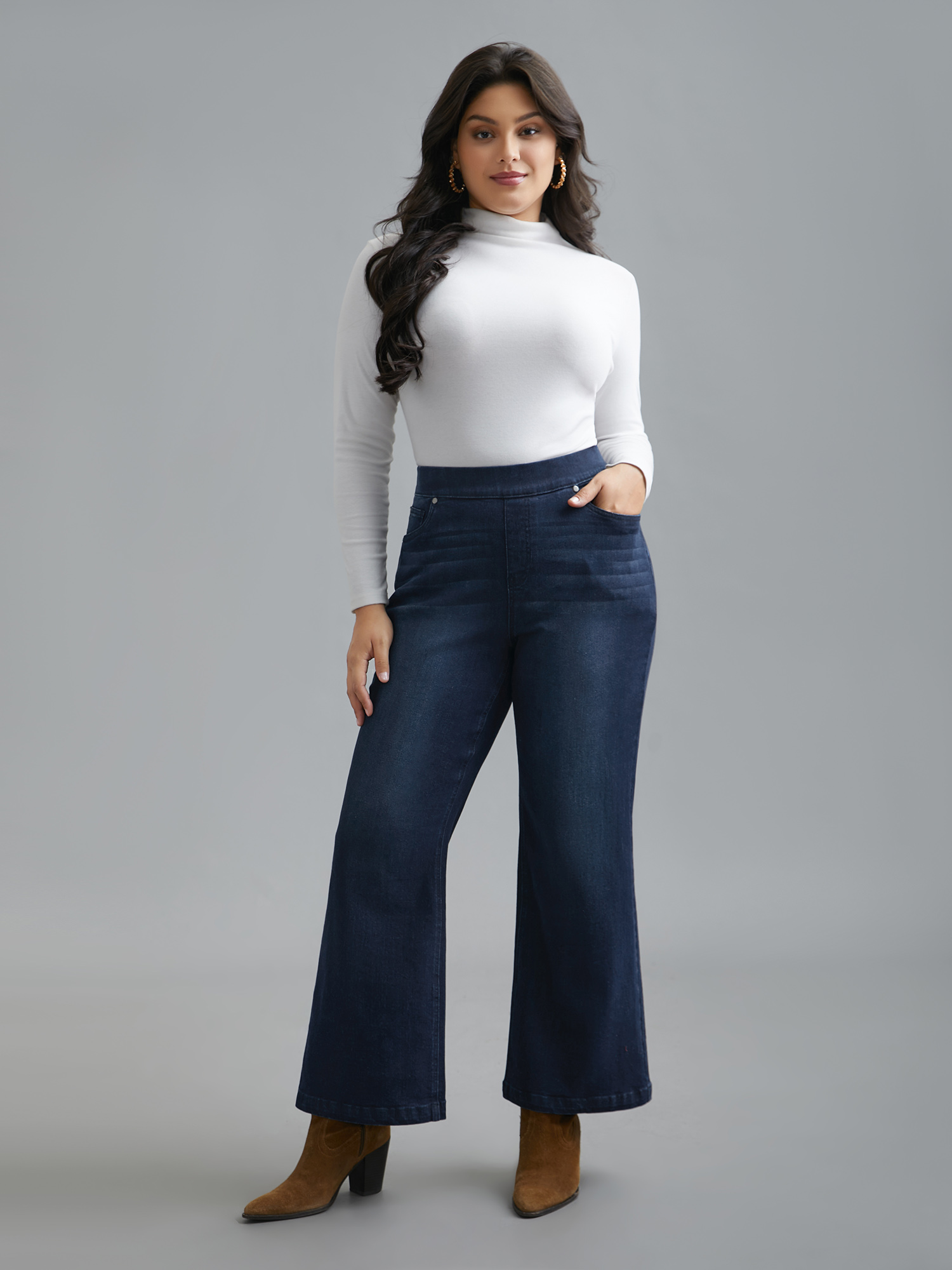 Plus Size Elastic Waist Pocket Bootcut Jeans Women Denimindigo Casual Medium stretch Slanted pocket Jeans BloomChic 26/4X 