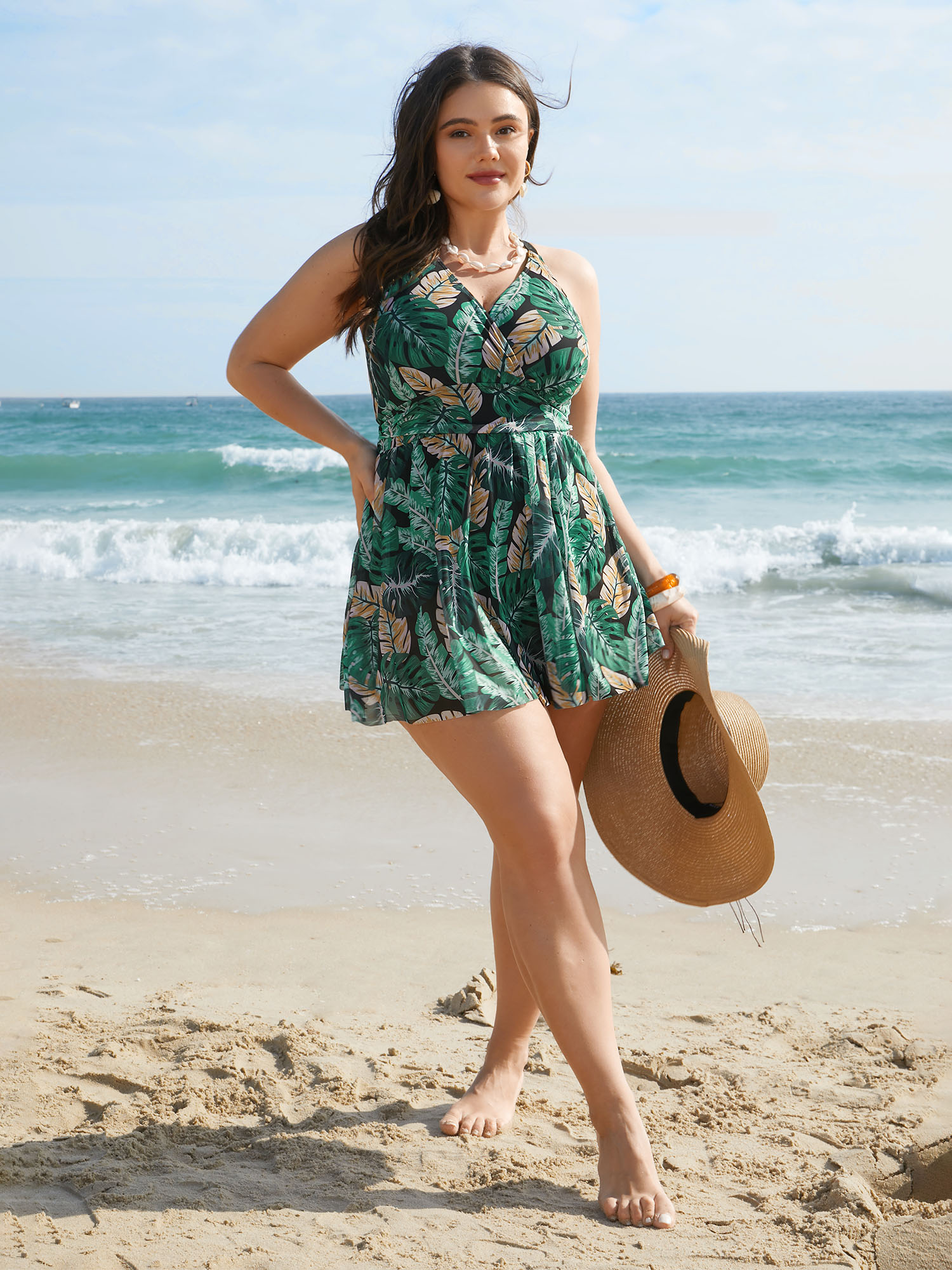 Plus Size Tropical Print Bust Defining Swim Dress Women`s Swimwear Truegreen Beach Bodycon Overlap Collar High stretch Curve Swim Dresses BloomChic 18-20/2X 