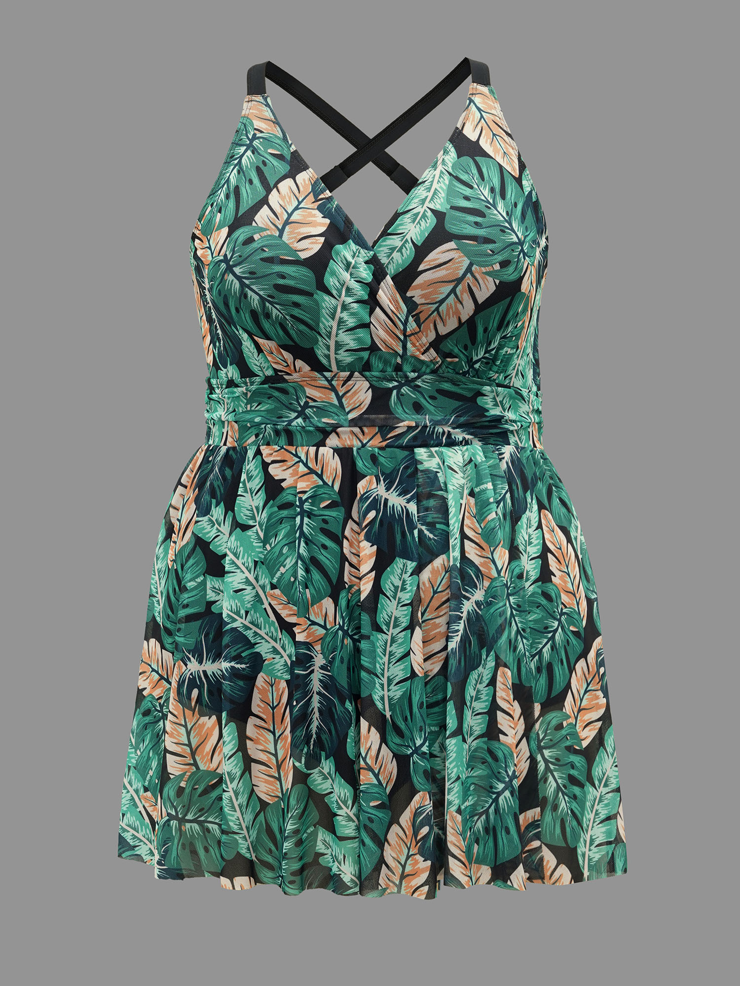 Plus Size Tropical Print Bust Defining Swim Dress Women`s Swimwear Truegreen Beach Bodycon Overlap Collar High stretch Curve Swim Dresses BloomChic 18-20/2X 