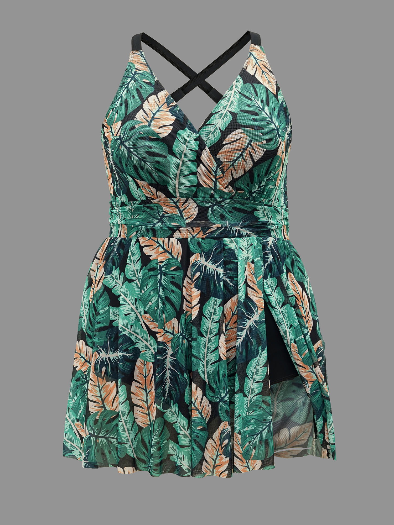 Plus Size Tropical Print Bust Defining Swim Dress Women`s Swimwear Truegreen Beach Bodycon Overlap Collar High stretch Curve Swim Dresses BloomChic 18-20/2X 
