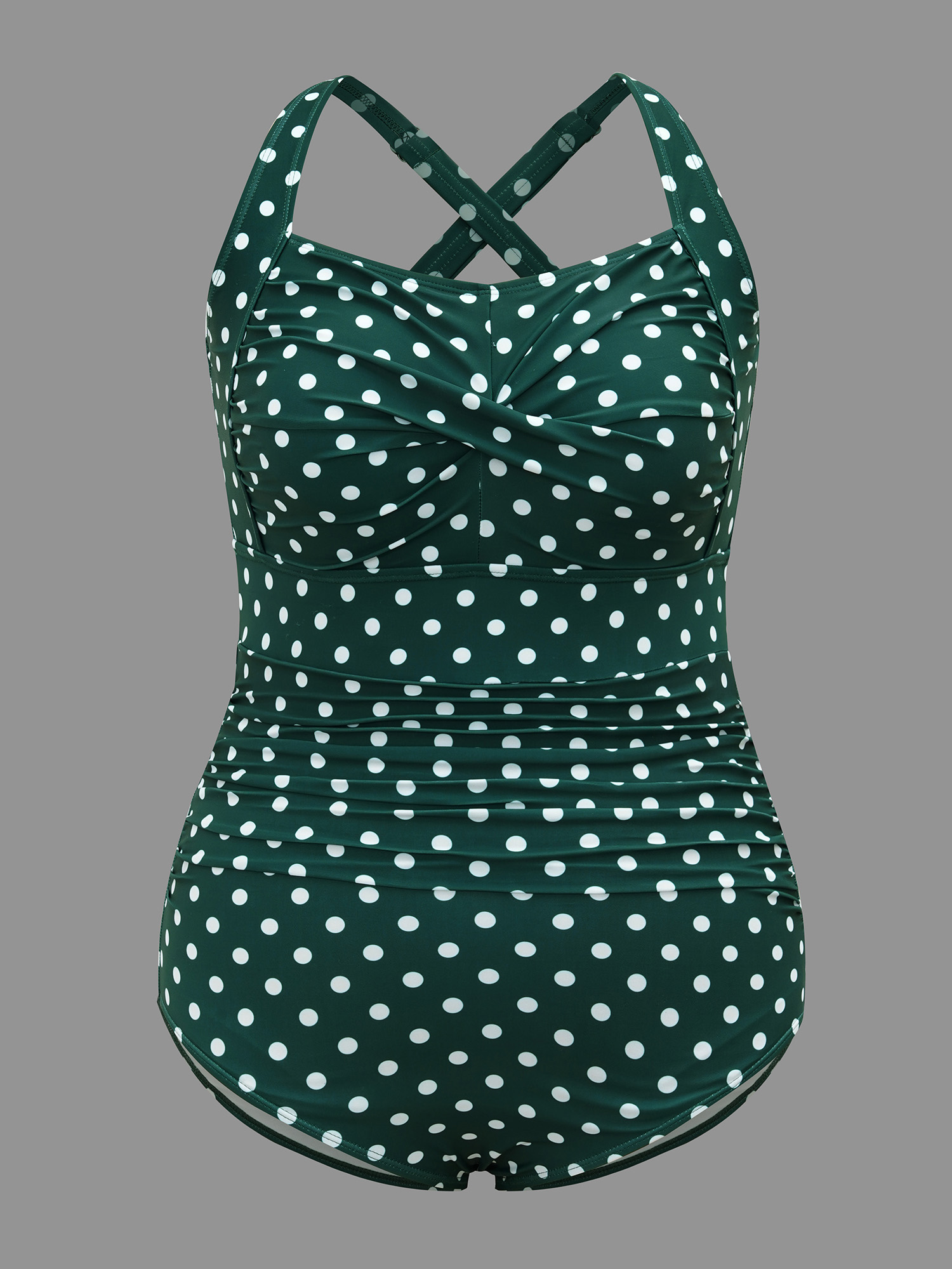 Plus Size Polk Dot Crossback One Piece Swimsuit Women`s Swimwear DarkGreen Beach Twist Curve Bathing Suits High stretch One Pieces BloomChic 12/L 
