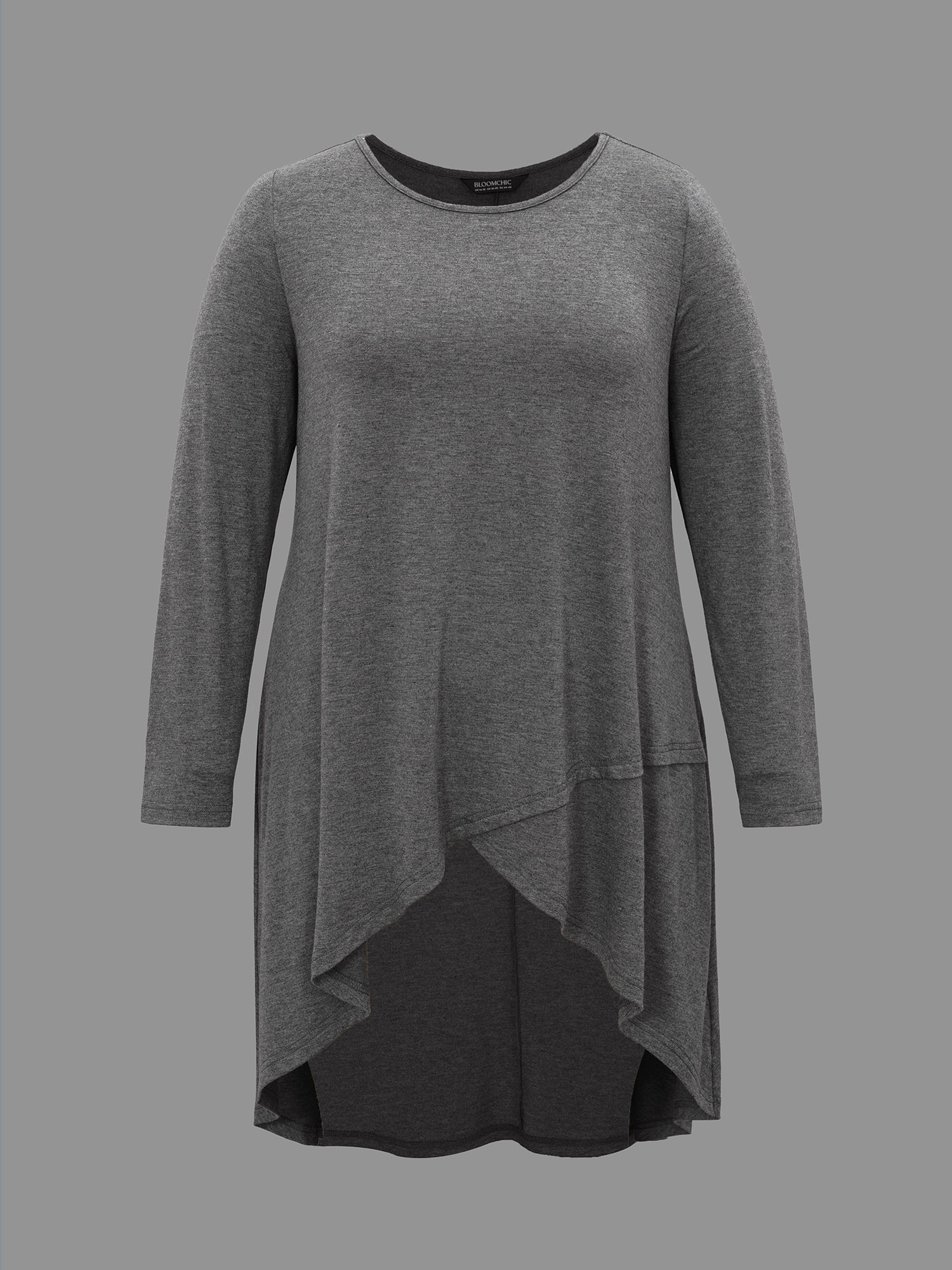 

Plus Size Solid Heather High Low Hem Top DimGray Round Neck Extra Long Sleeve Casual Jersey Tops