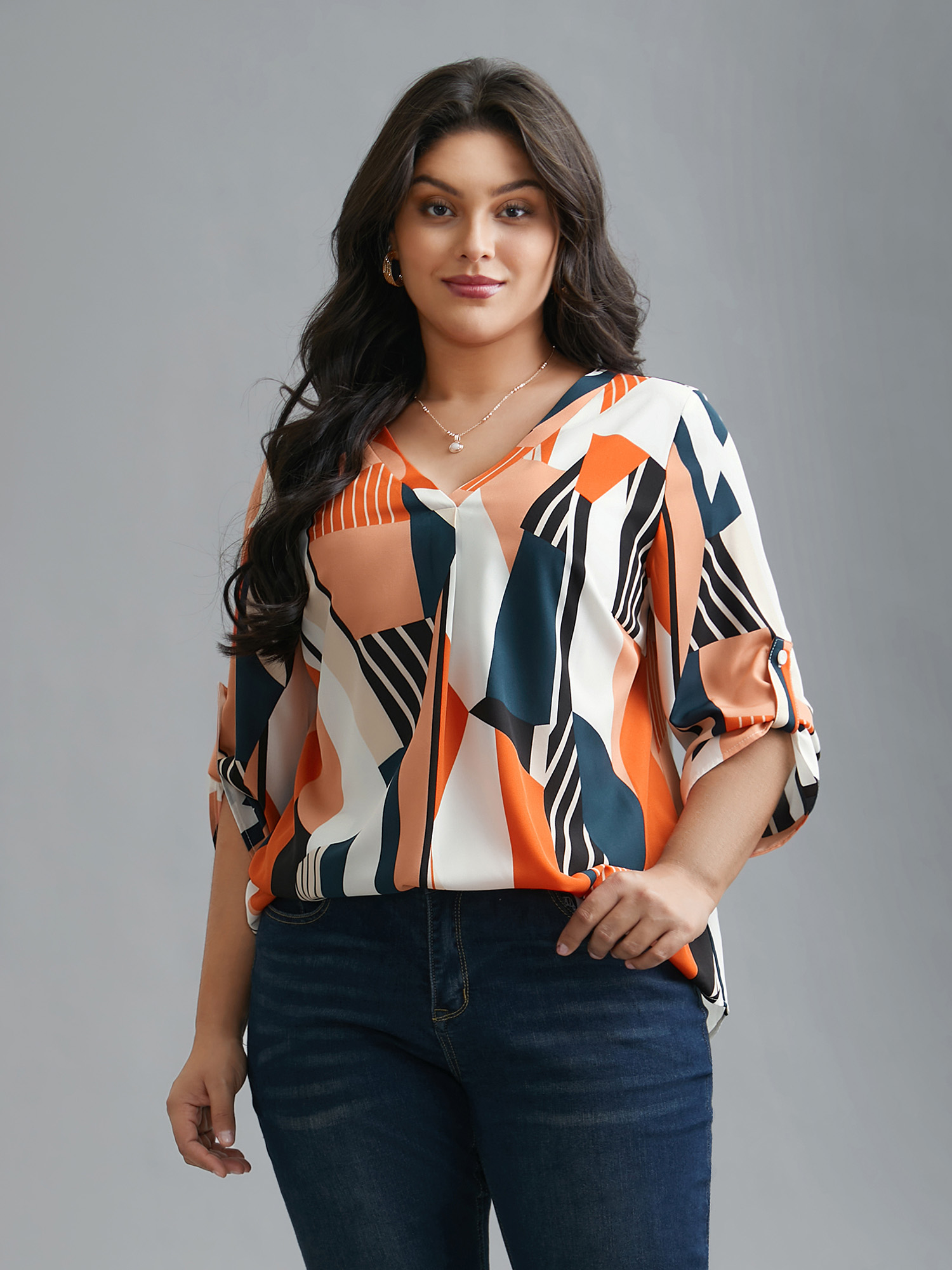 

Plus Size Multicolor Abstract Print Tab Sleeve Blouse Women At the Office Elbow-length sleeve V-neck Work Blouses BloomChic