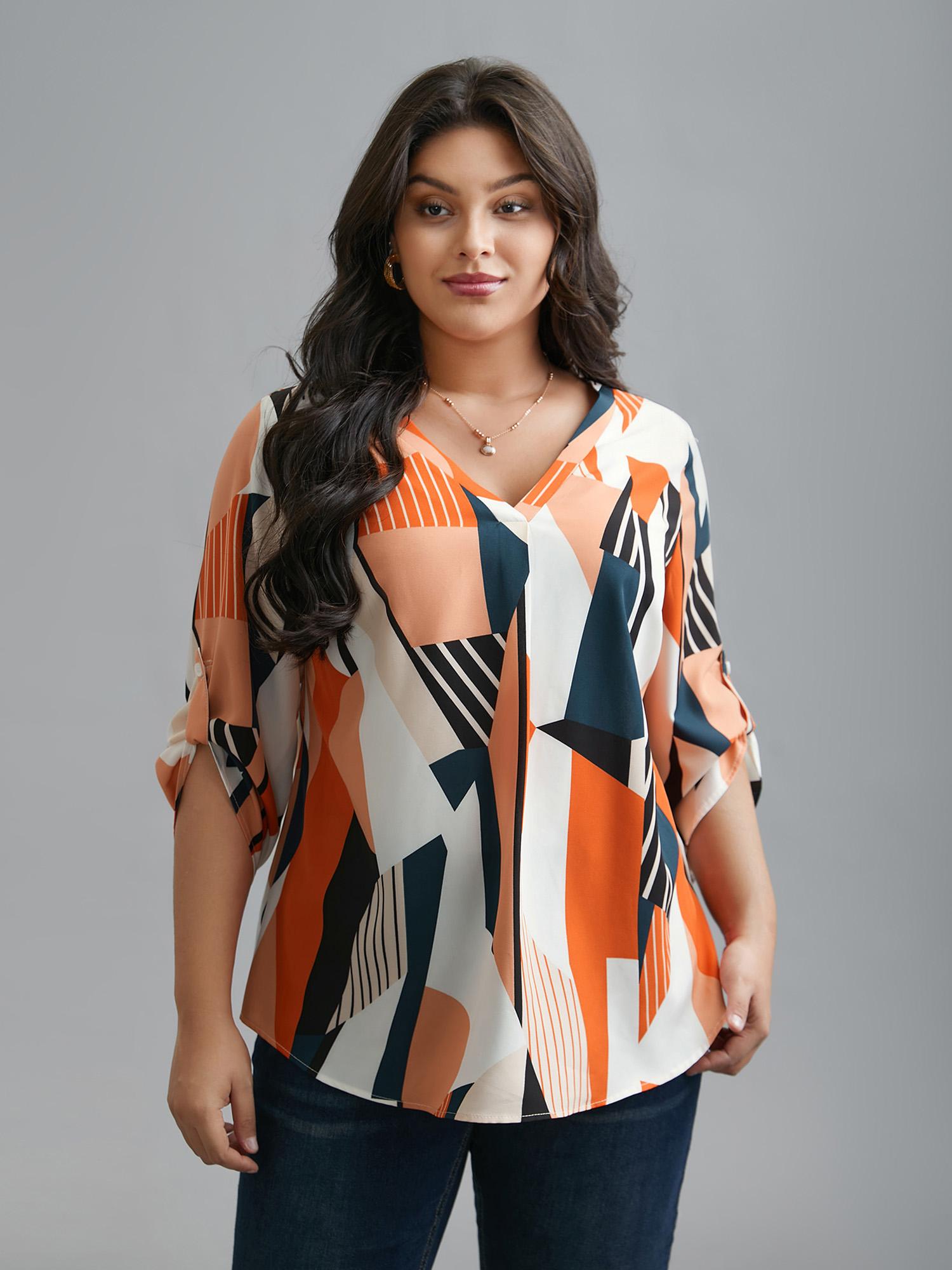 Plus Size Multicolor Abstract Print Tab Sleeve Blouse Women At the Office Elbow-length sleeve V-neck Work Blouses BloomChic 26/4X 