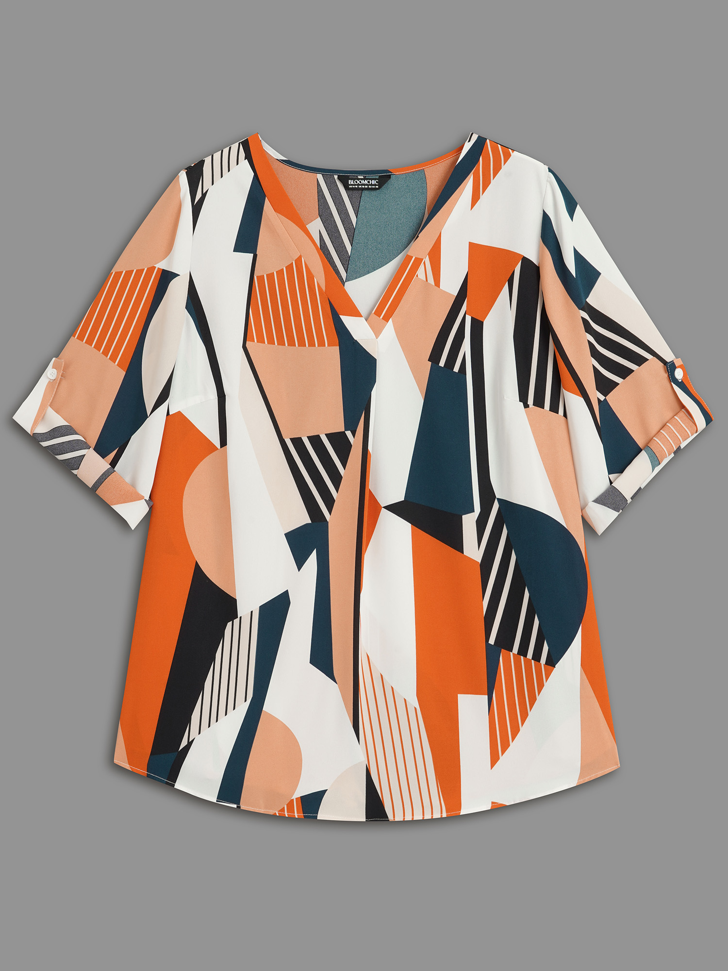Plus Size Multicolor Abstract Print Tab Sleeve Blouse Women At the Office Elbow-length sleeve V-neck Work Blouses BloomChic 26/4X 