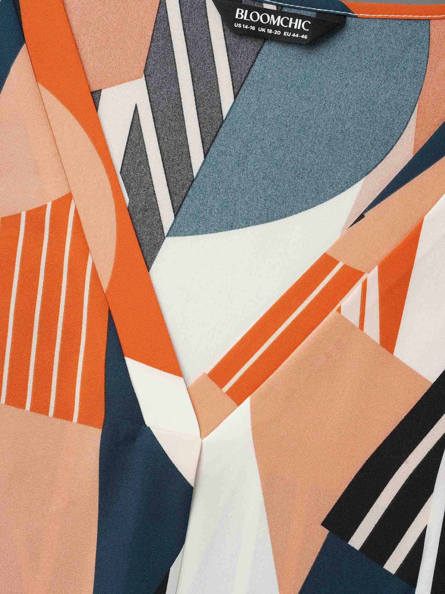 Plus Size Multicolor Abstract Print Tab Sleeve Blouse Women At the Office Elbow-length sleeve V-neck Work Blouses BloomChic 26/4X 