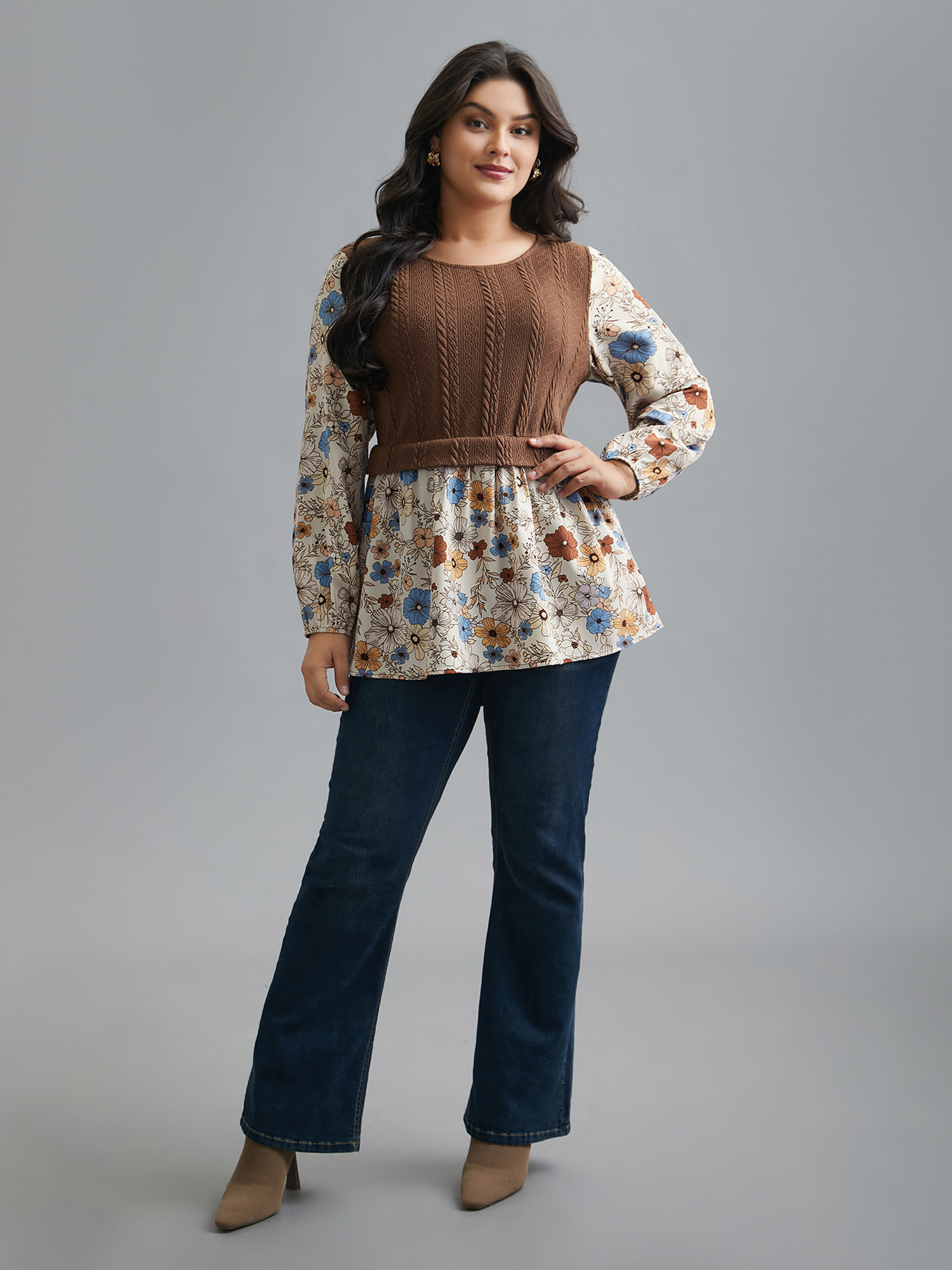 Plus Size Multicolor Mixed Texture Floral Combined Blouse Women Elegant Long Sleeve Round Neck Everyday Blouses BloomChic 14-16/1X 