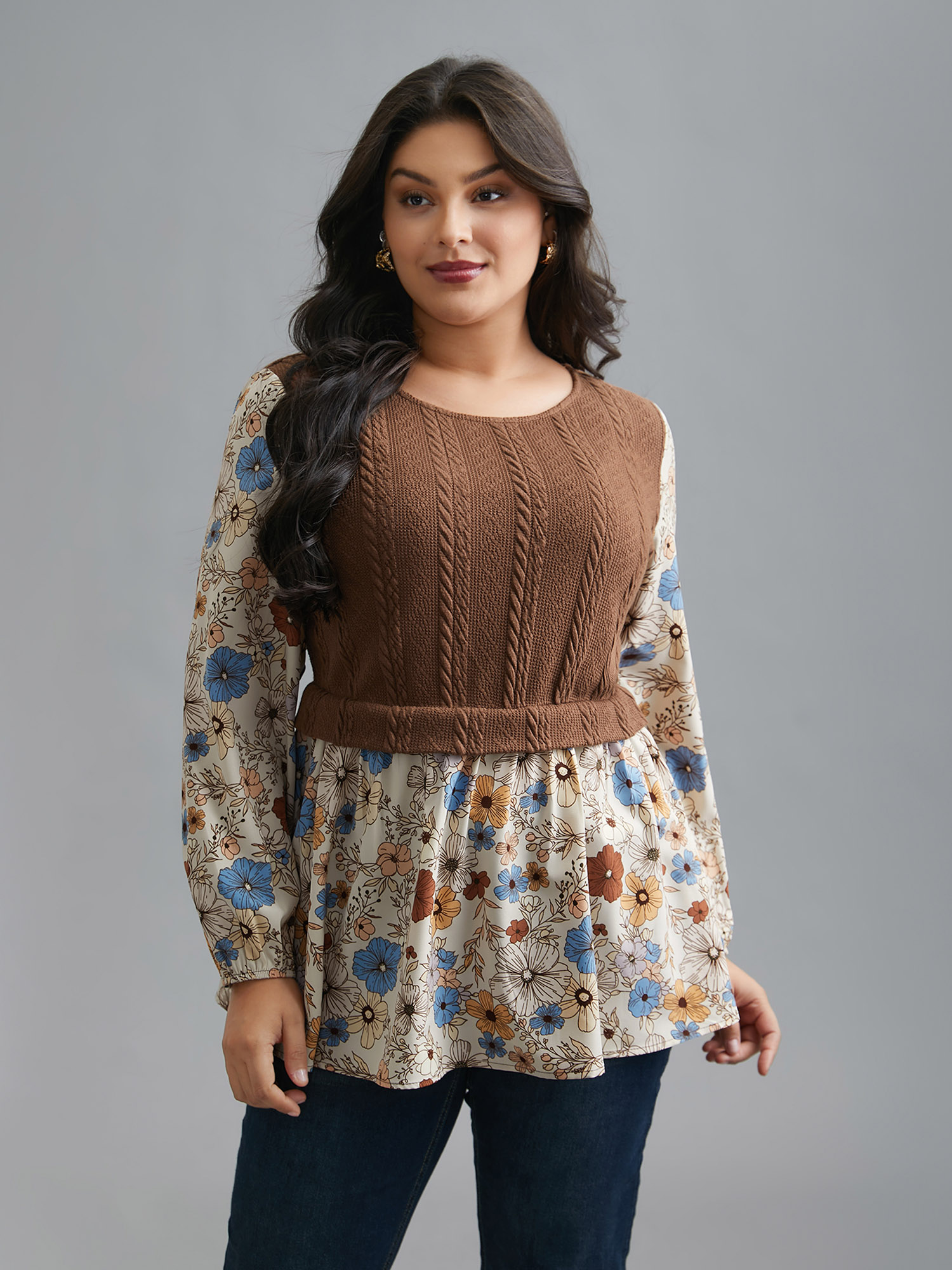 Plus Size Multicolor Mixed Texture Floral Combined Blouse Women Elegant Long Sleeve Round Neck Everyday Blouses BloomChic 14-16/1X 