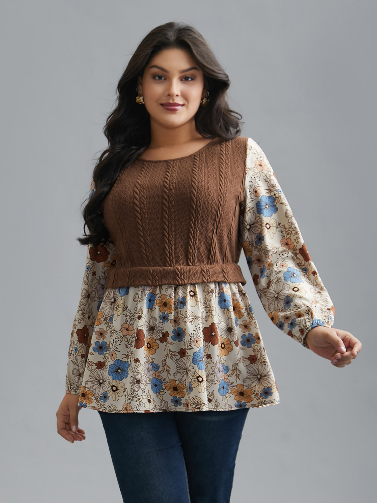 Plus Size Multicolor Mixed Texture Floral Combined Blouse Women Elegant Long Sleeve Round Neck Everyday Blouses BloomChic 14-16/1X 