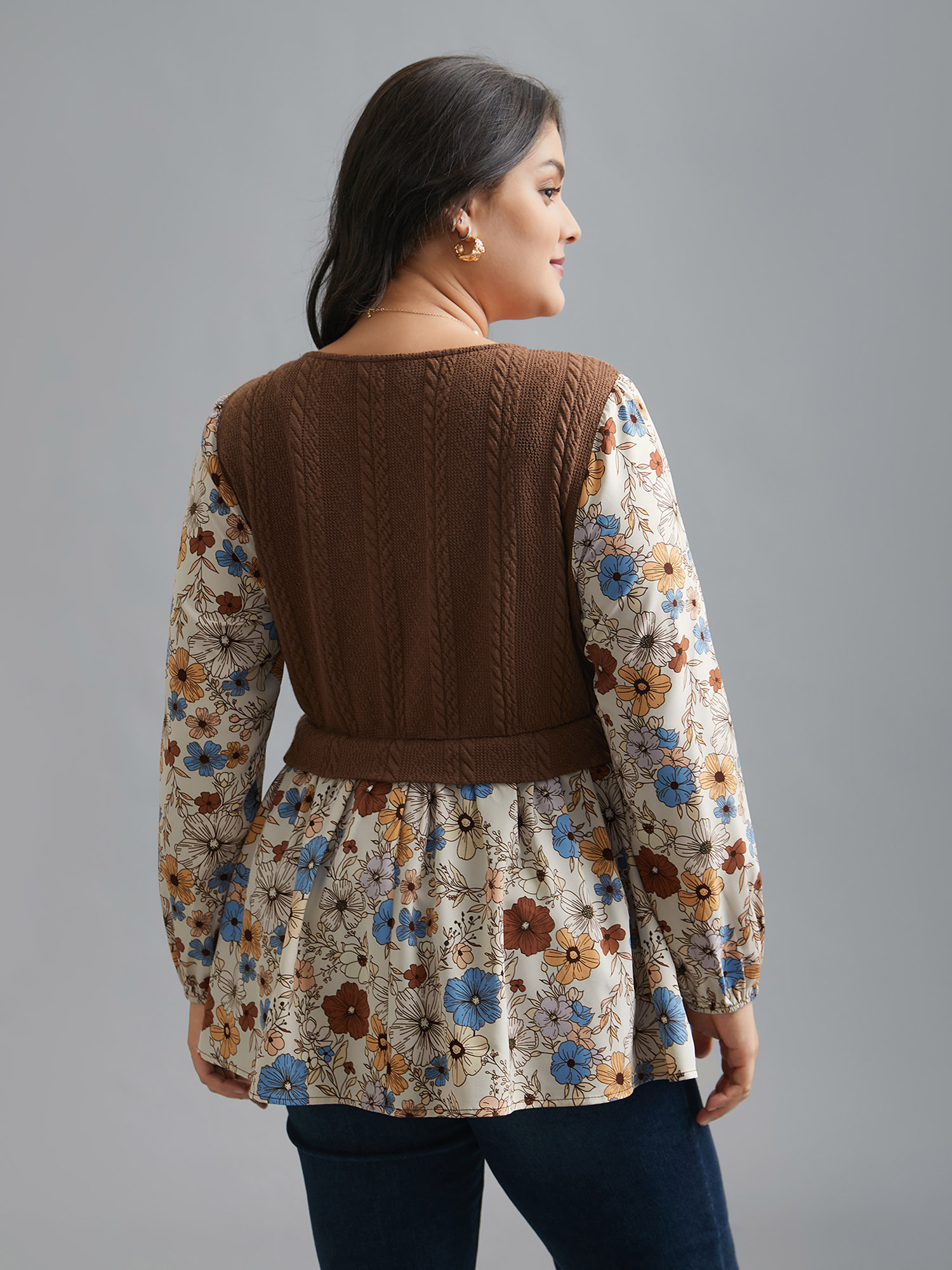 Plus Size Multicolor Mixed Texture Floral Combined Blouse Women Elegant Long Sleeve Round Neck Everyday Blouses BloomChic 14-16/1X 