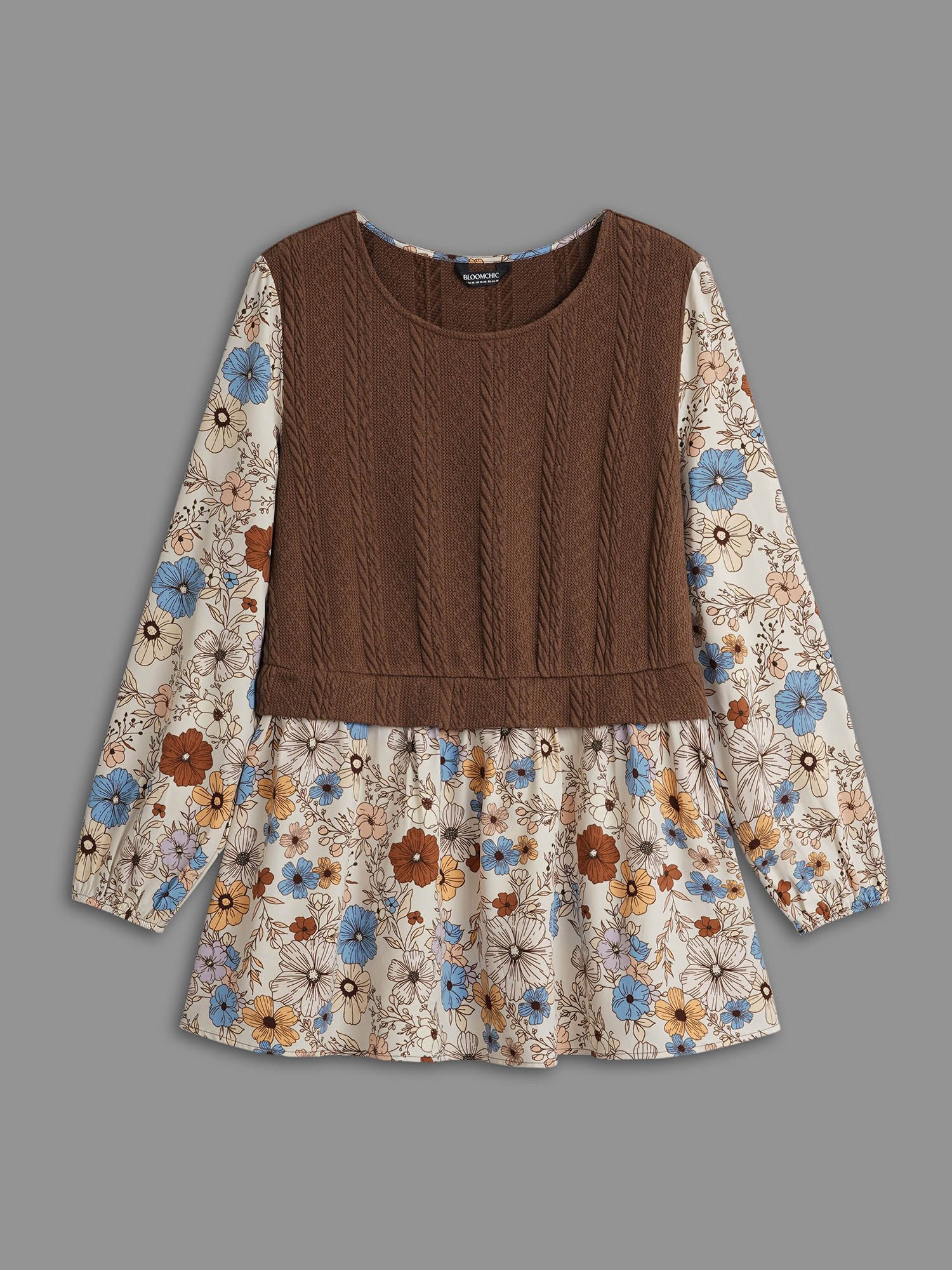 Plus Size Multicolor Mixed Texture Floral Combined Blouse Women Elegant Long Sleeve Round Neck Everyday Blouses BloomChic 14-16/1X 