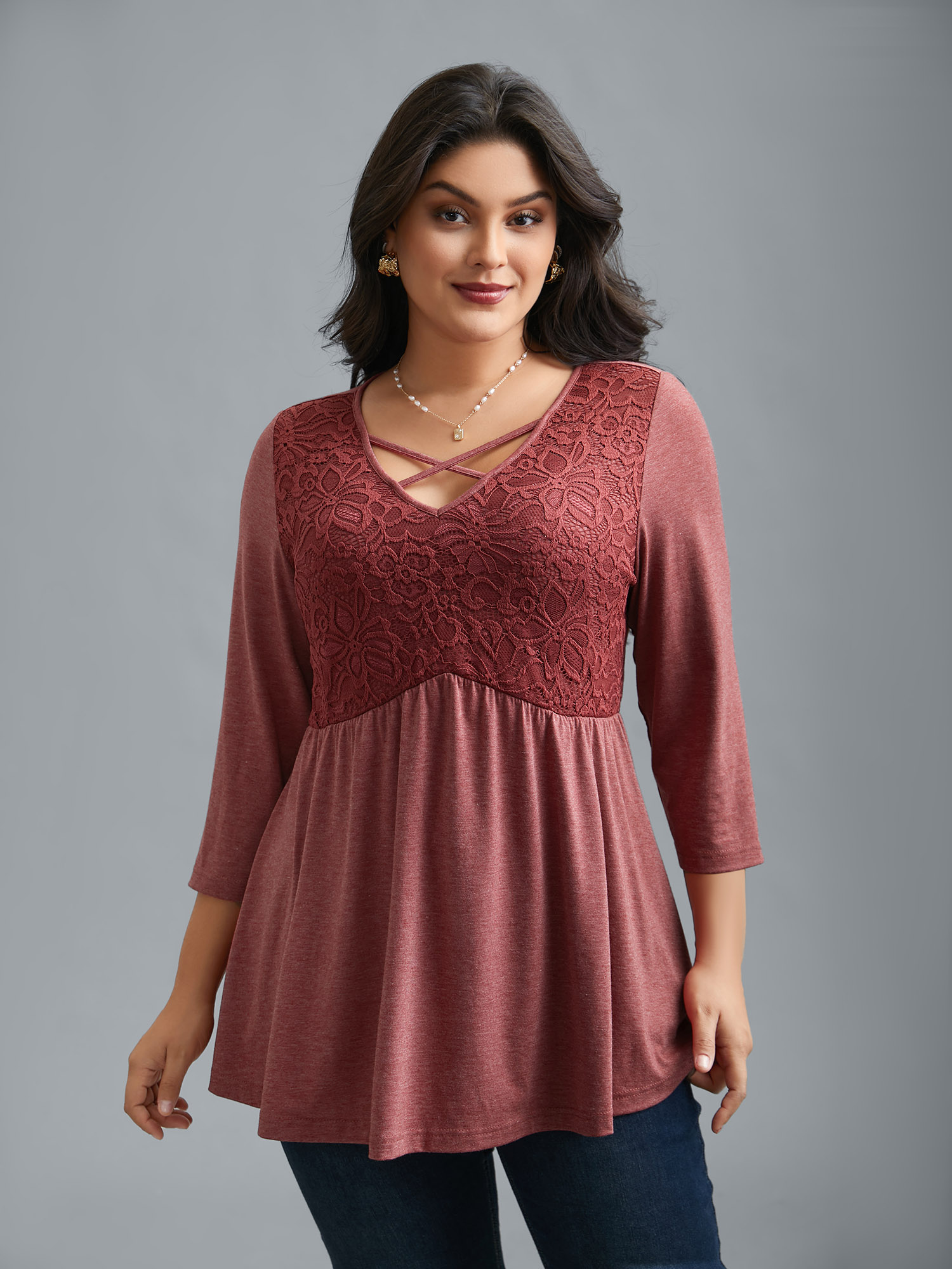 

Plus Size Crochet Lace Crisscross Gathered Top Rust V-neck Elbow-length sleeve Elegant Jersey Tops