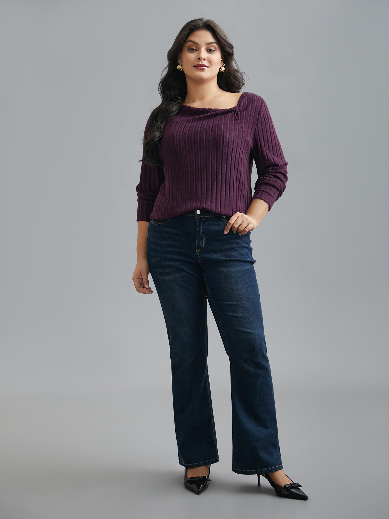 Plus Size Textured Twisted Asymmetric Neck T-Shirt Eggplant Women Elegant Twist Asymmetrical Neck Everyday T-shirts BloomChic 28/5X 