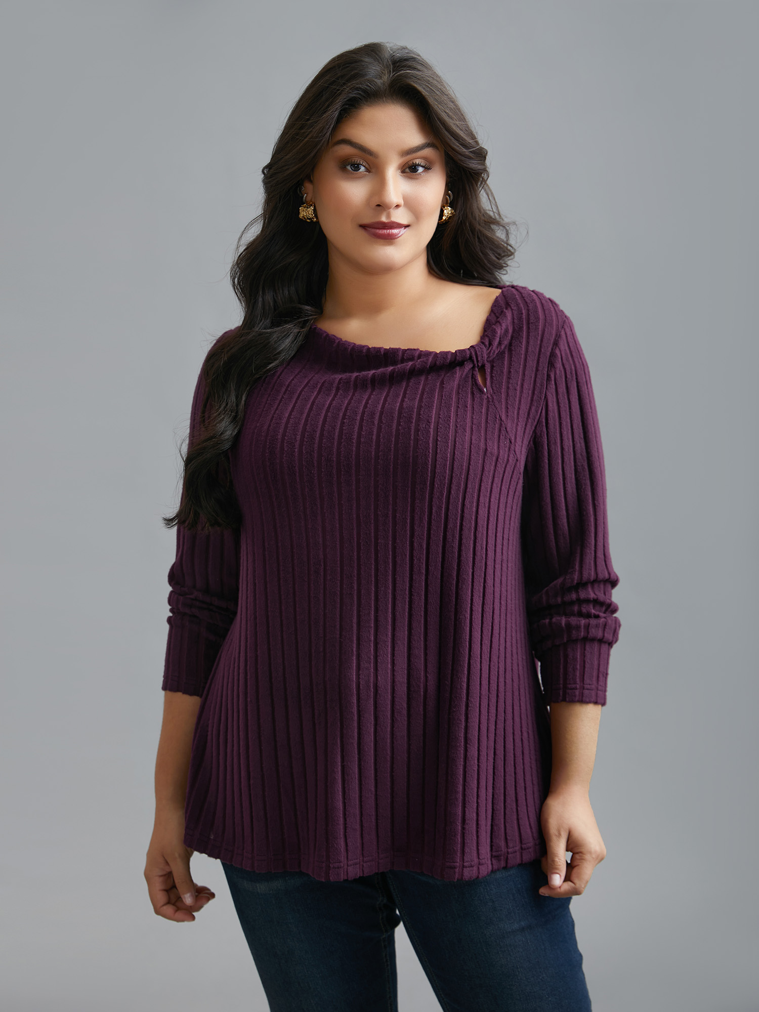 Plus Size Textured Twisted Asymmetric Neck T-Shirt Eggplant Women Elegant Twist Asymmetrical Neck Everyday T-shirts BloomChic 28/5X 