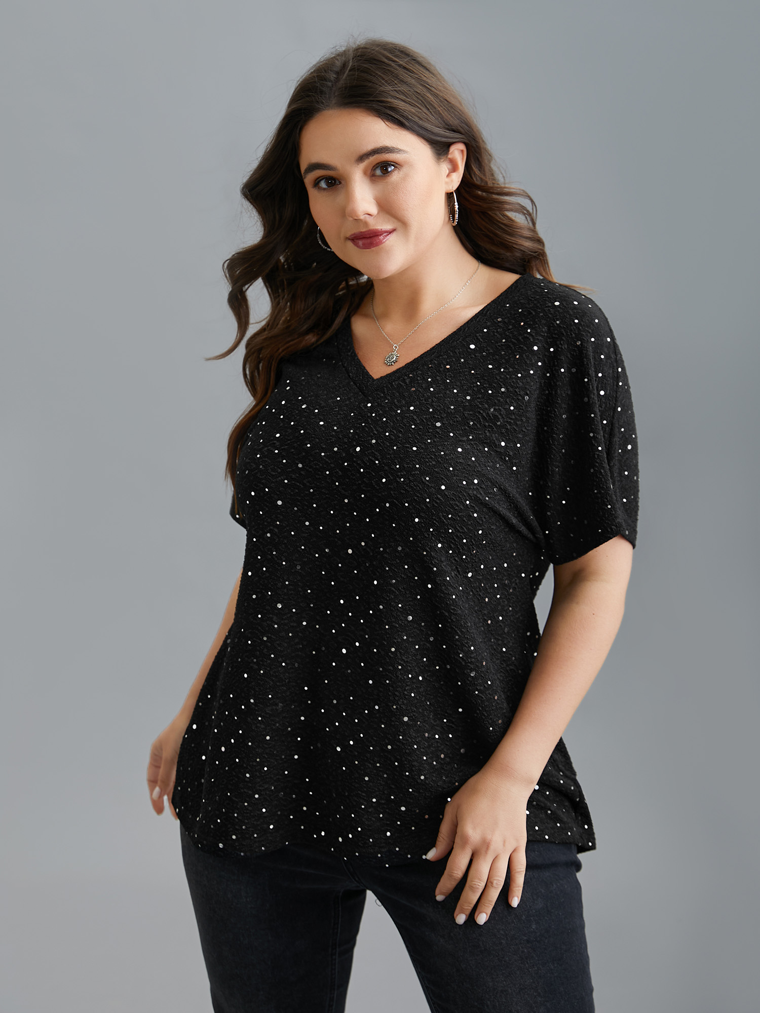 

Plus Size V-Neck Sequin Textured T-Shirt Black Women Casual Rhinestone detailing V-neck Everyday T-shirts BloomChic