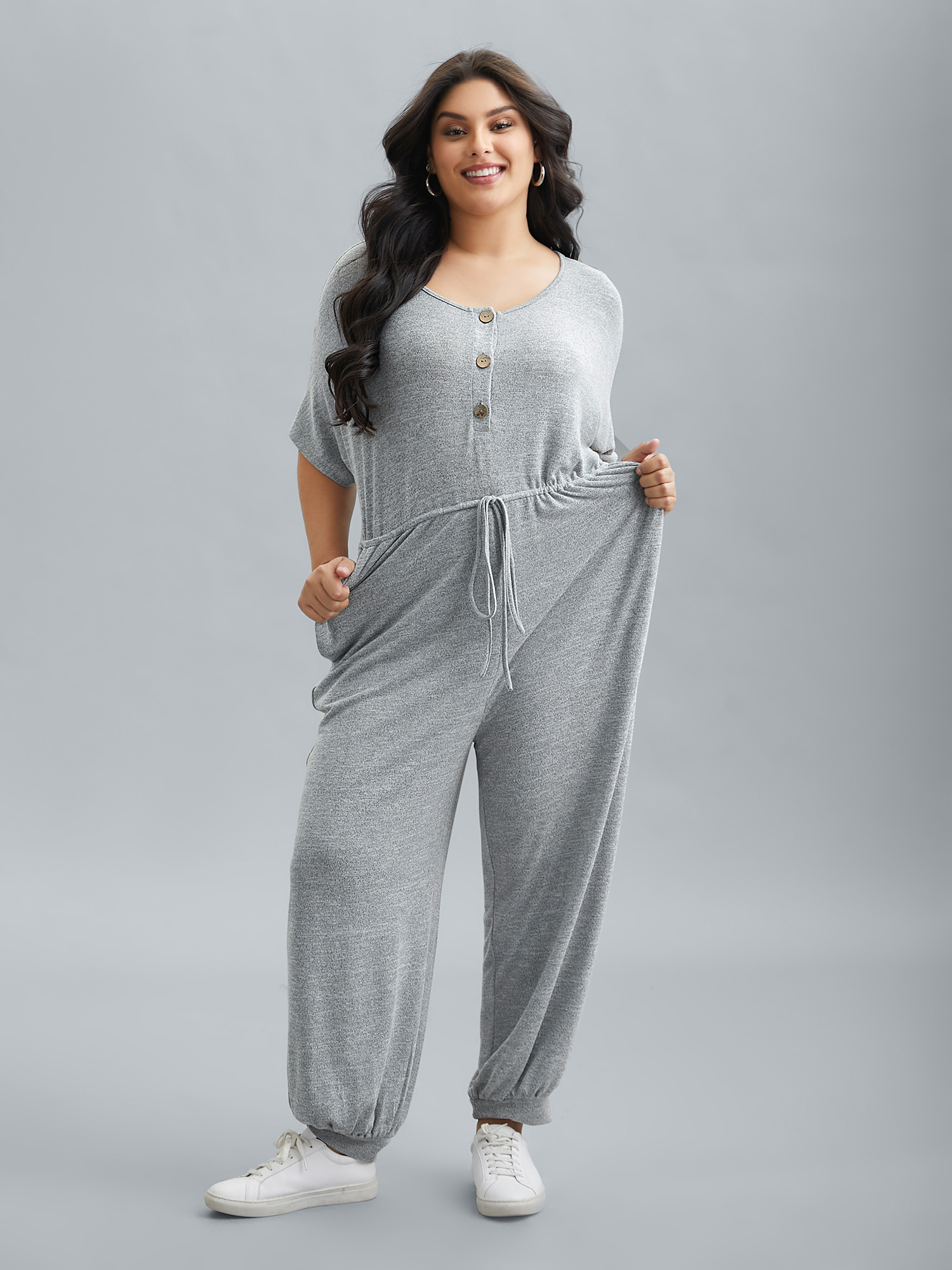 Plus Size LightGray Supersoft Button Drawstring Straight Jumpsuit Women Casual Half Sleeve Round Neck Everyday Loose Jumpsuits BloomChic 30/6X 