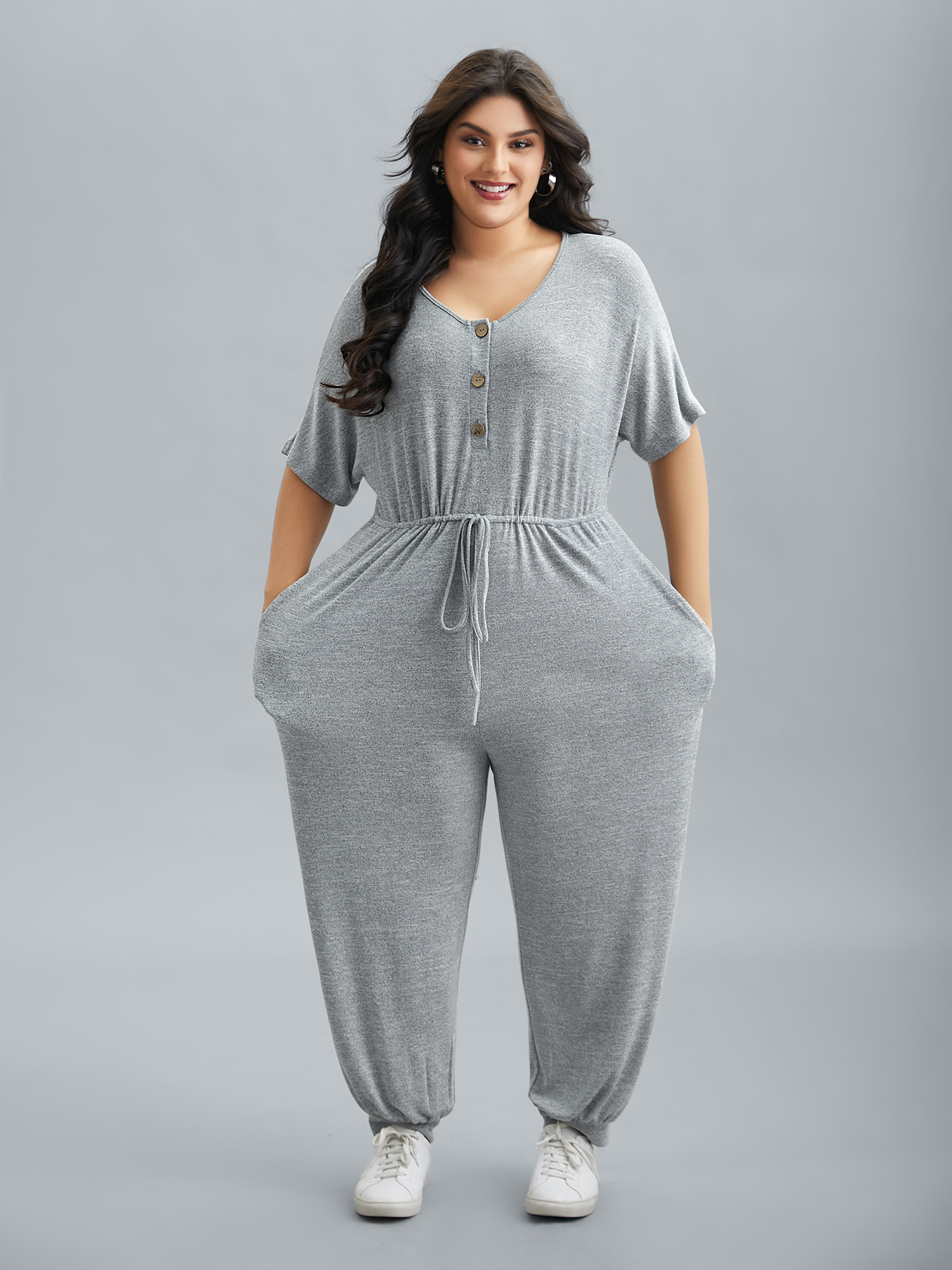 Plus Size LightGray Supersoft Button Drawstring Straight Jumpsuit Women Casual Half Sleeve Round Neck Everyday Loose Jumpsuits BloomChic 30/6X 