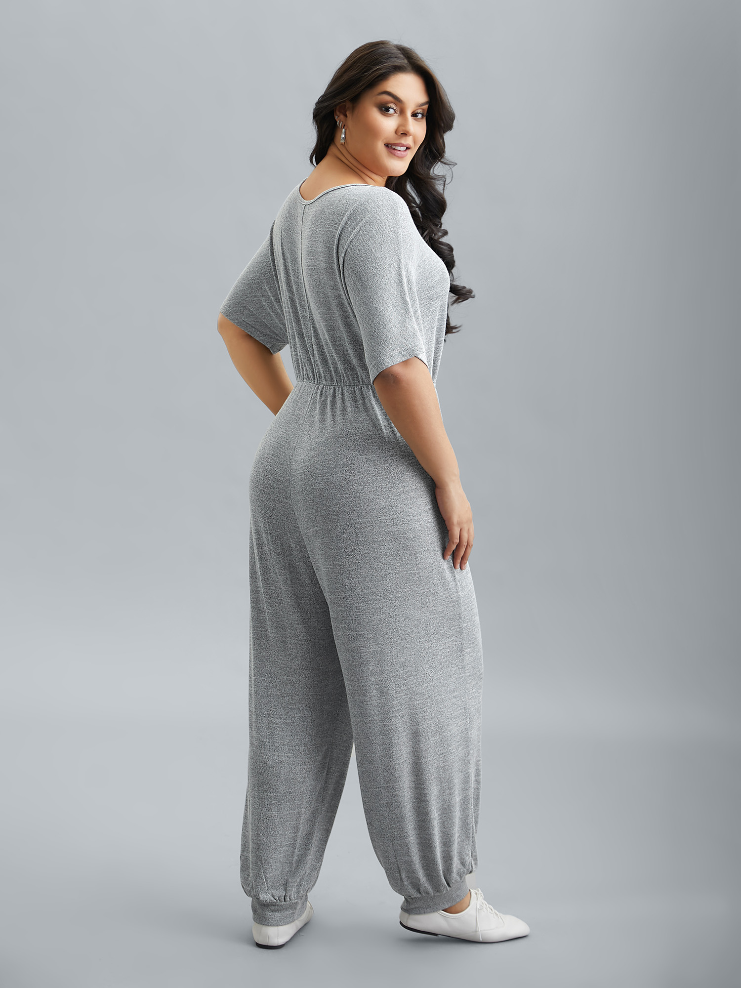 Plus Size LightGray Supersoft Button Drawstring Straight Jumpsuit Women Casual Half Sleeve Round Neck Everyday Loose Jumpsuits BloomChic 30/6X 