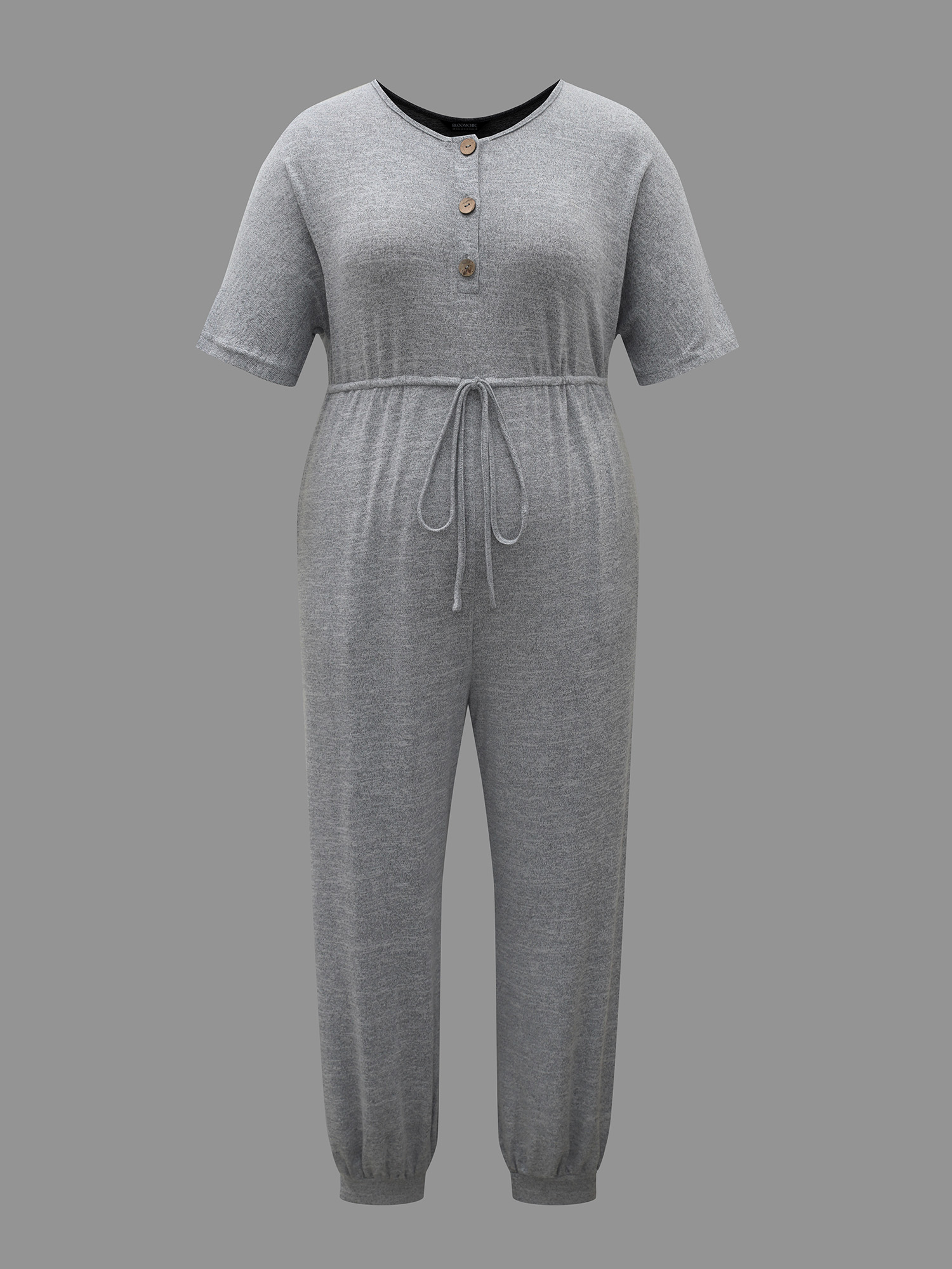 Plus Size LightGray Supersoft Button Drawstring Straight Jumpsuit Women Casual Half Sleeve Round Neck Everyday Loose Jumpsuits BloomChic 30/6X 