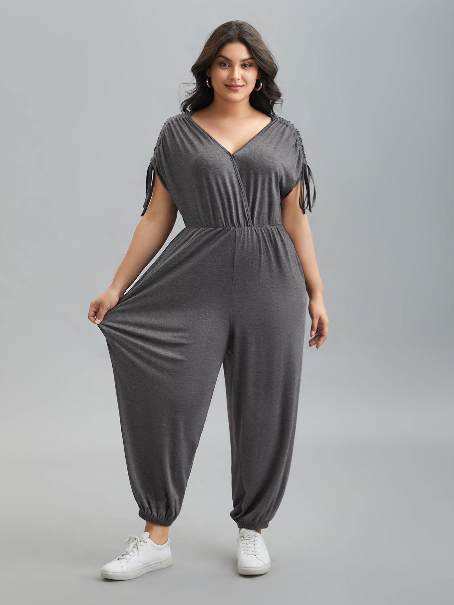 

Plus Size DimGray Surplice Neck Drawstring Stretch Jumpsuit Women Casual Short sleeve Overlap Collar Everyday Loose Jumpsuits BloomChic