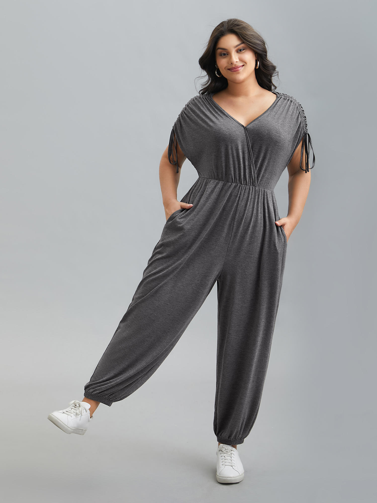 

Plus Size DimGray Surplice Neck Drawstring Stretch Jumpsuit Women Casual Short sleeve Overlap Collar Everyday Loose Jumpsuits BloomChic