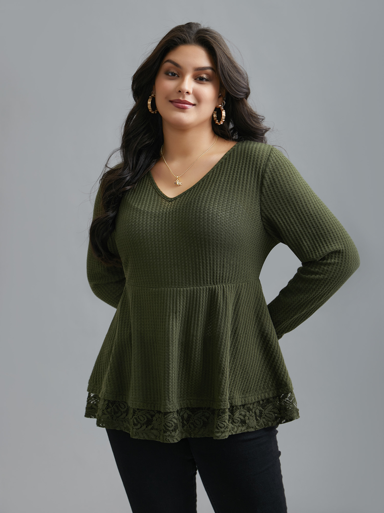 

Plus Size Waffle Knit Crochet Lace Mesh Top ArmyGreen V-neck Long Sleeve Elegant Jersey Tops