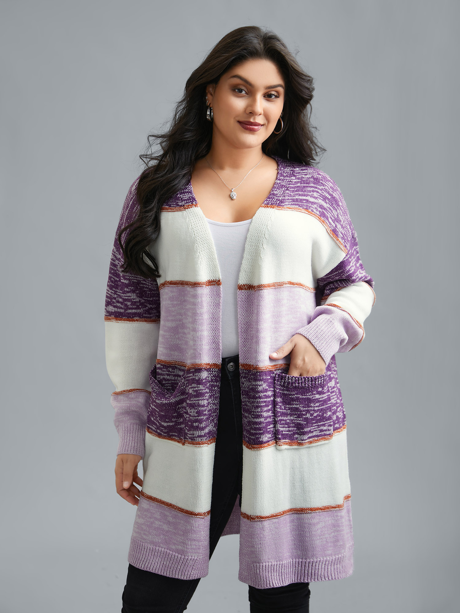 

Plus Size Color Block Textured Open-Front Cardigan Deeppurple Women Casual Loose Long Sleeve Everyday Cardigans BloomChic