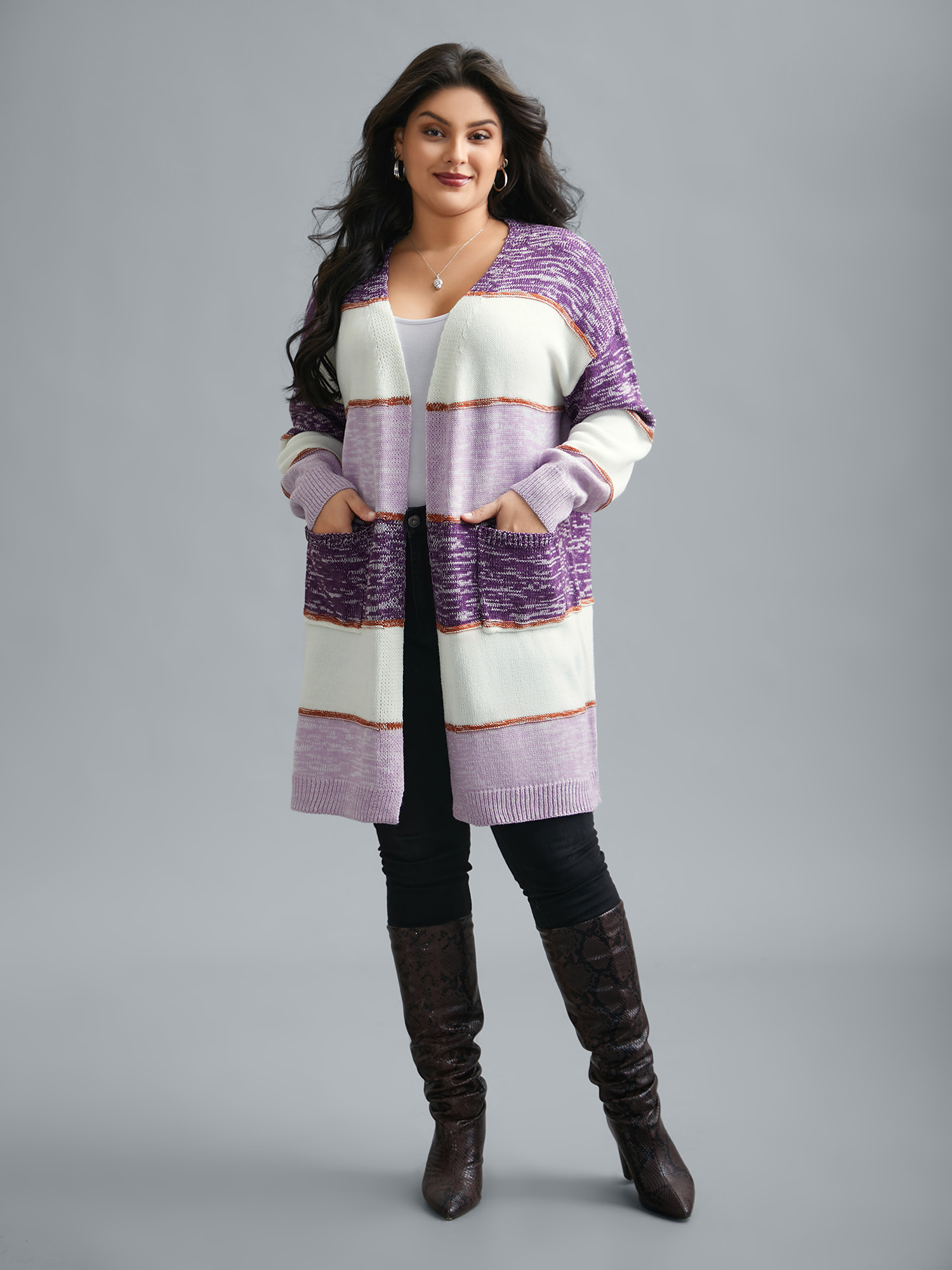 

Plus Size Color Block Textured Open-Front Cardigan Deeppurple Women Casual Loose Long Sleeve Everyday Cardigans BloomChic