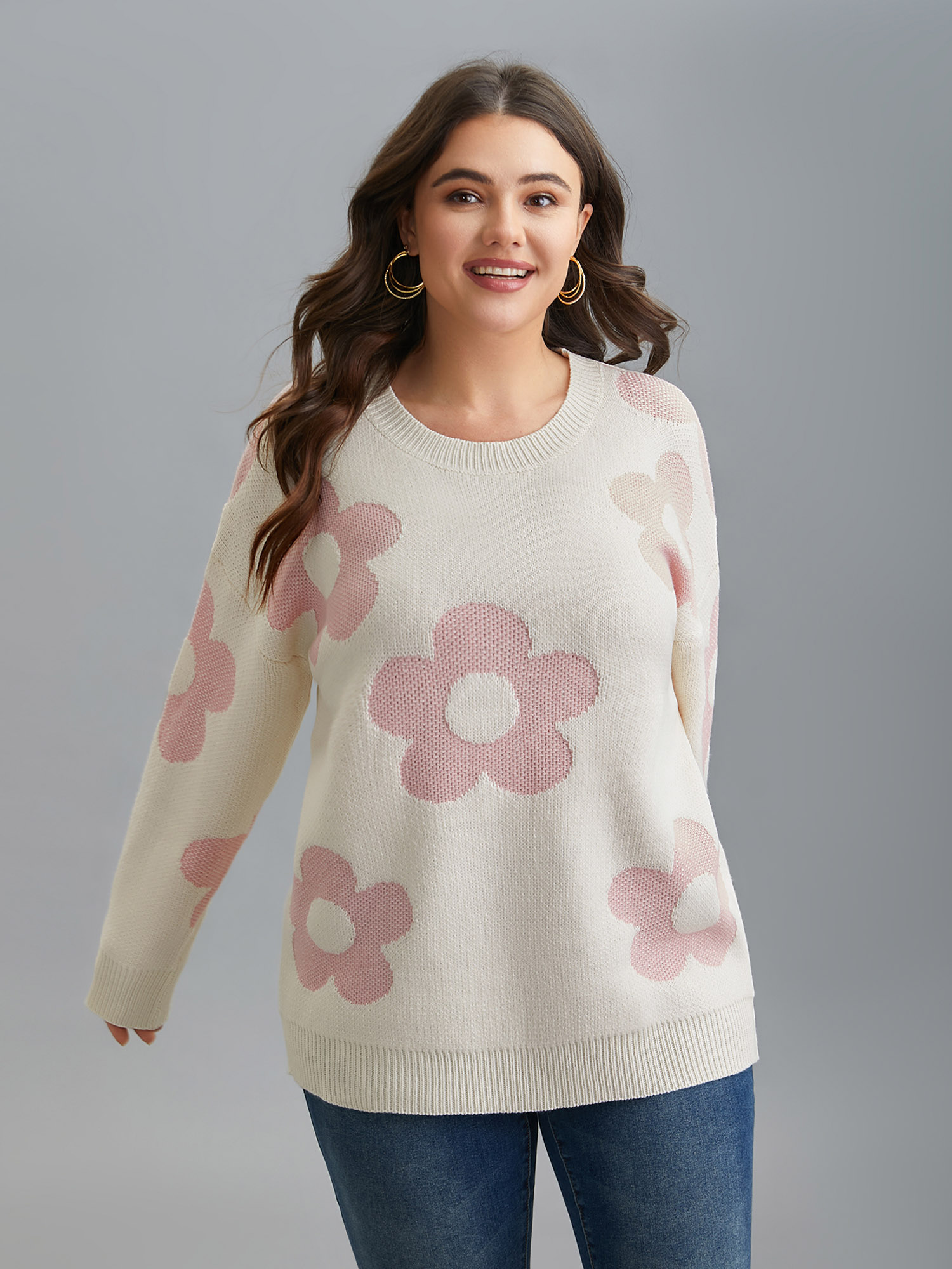 

Plus Size Round Neck Floral Pattern Pullover Ivory Women Casual Loose Long Sleeve Round Neck Everyday Pullovers BloomChic