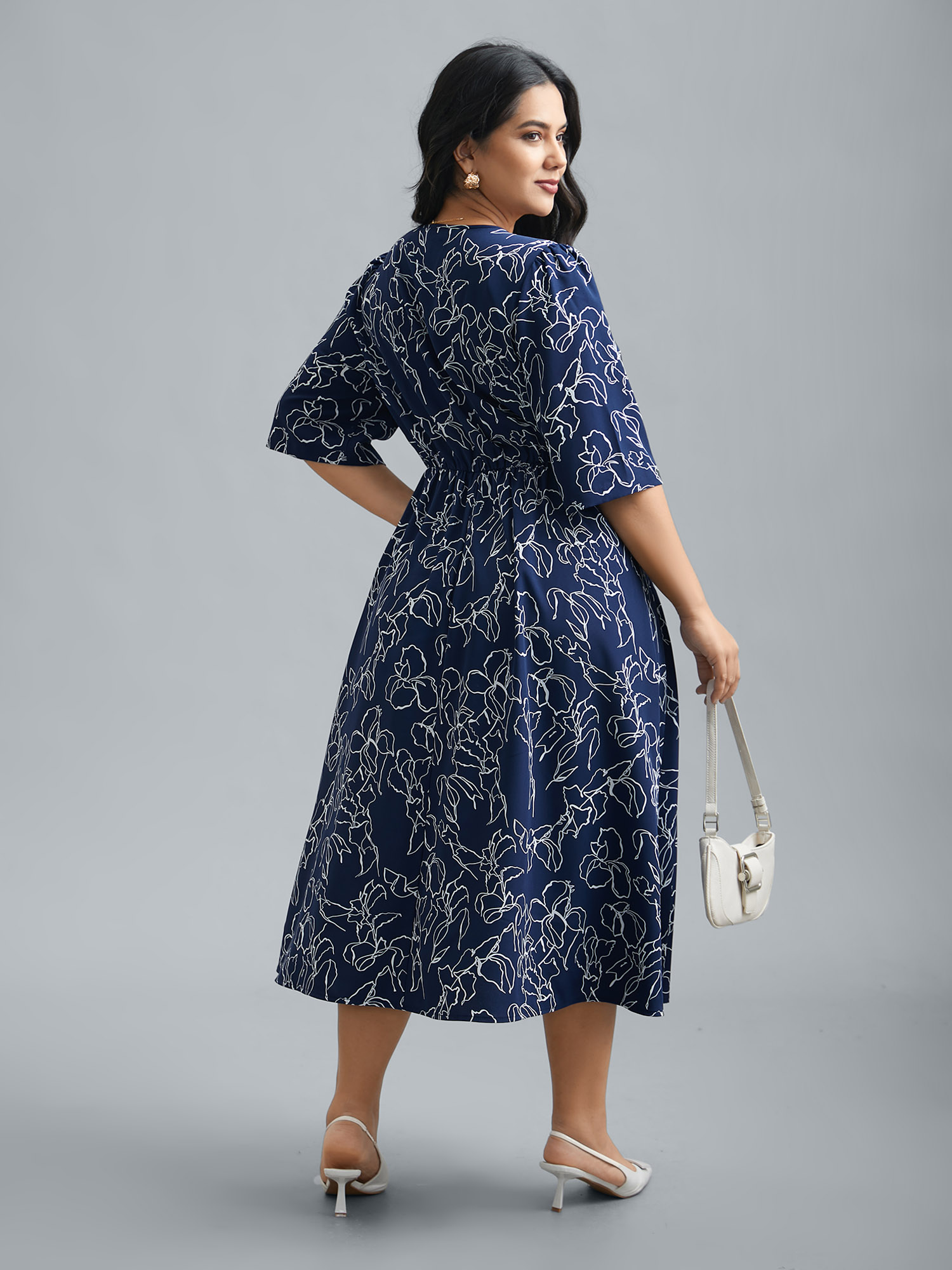 

Plus Size Surplice Neck Abstract Print Fit Midi Dress Navy Women At the Office Gathered Overlap Collar Elbow-length sleeve Curvy BloomChic