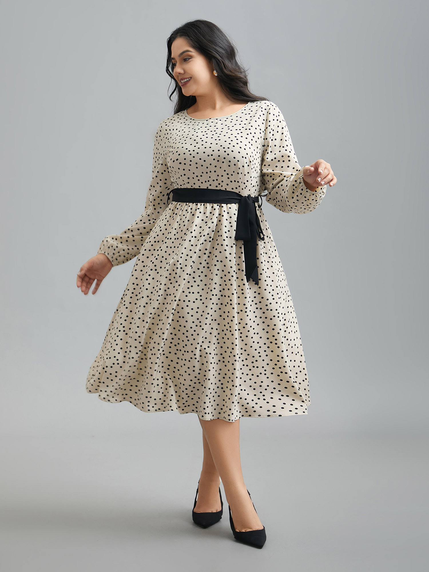 

Plus Size Round Neck Polka Dot Waist-Tie Midi Dress Apricot Women Elegant Belted Round Neck Long Sleeve Curvy BloomChic 16/L