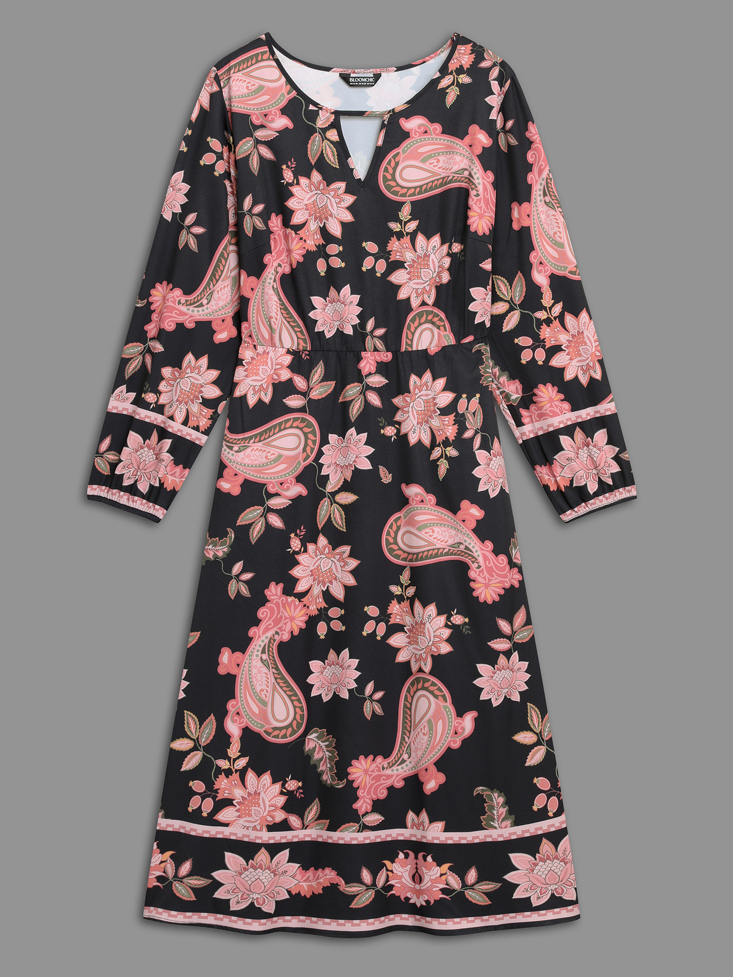 Plus Size Floral Boho Print Neck Cut-Out Dress Black Women Resort Cut-Out Notched collar Long Sleeve Curvy BloomChic 30/6X 