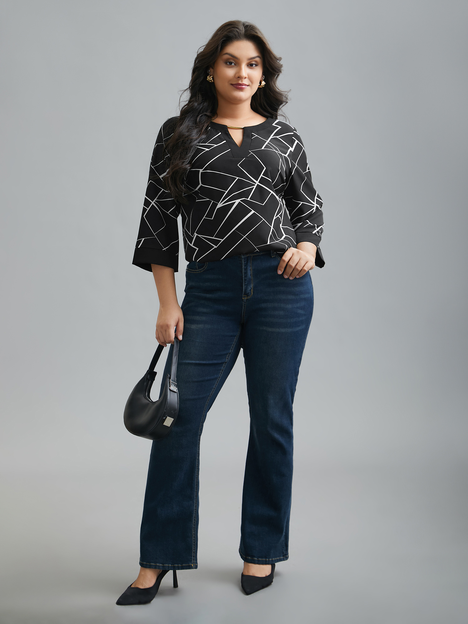 

Plus Size Black Geometric Print Metal Detail Spliced Blouse Women At the Office Elbow-length sleeve Round Neck Work Blouses BloomChic