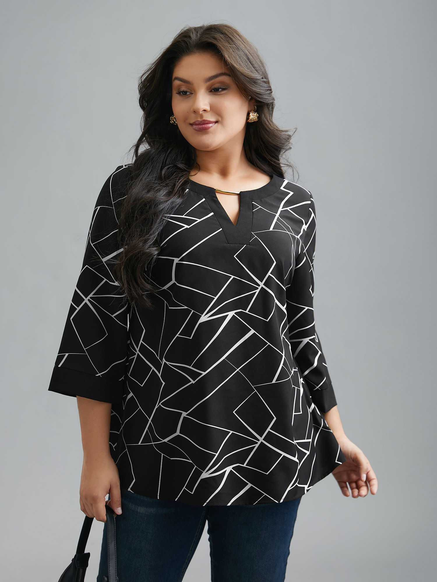 Plus Size Black Geometric Print Metal Detail Spliced Blouse Women At the Office Elbow-length sleeve Round Neck Work Blouses BloomChic 28/5X 