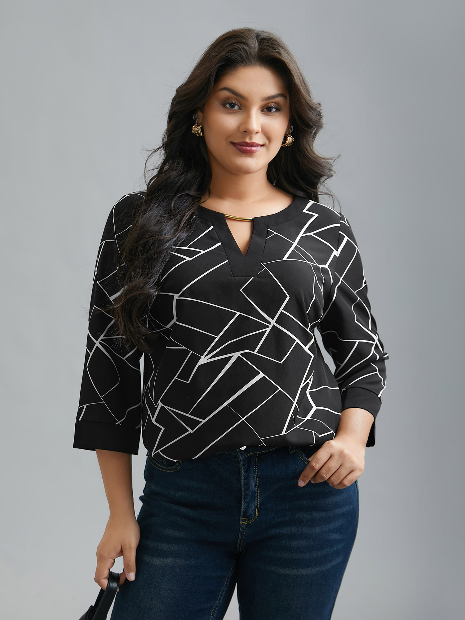 Plus Size Black Geometric Print Metal Detail Spliced Blouse Women At the Office Elbow-length sleeve Round Neck Work Blouses BloomChic 28/5X 