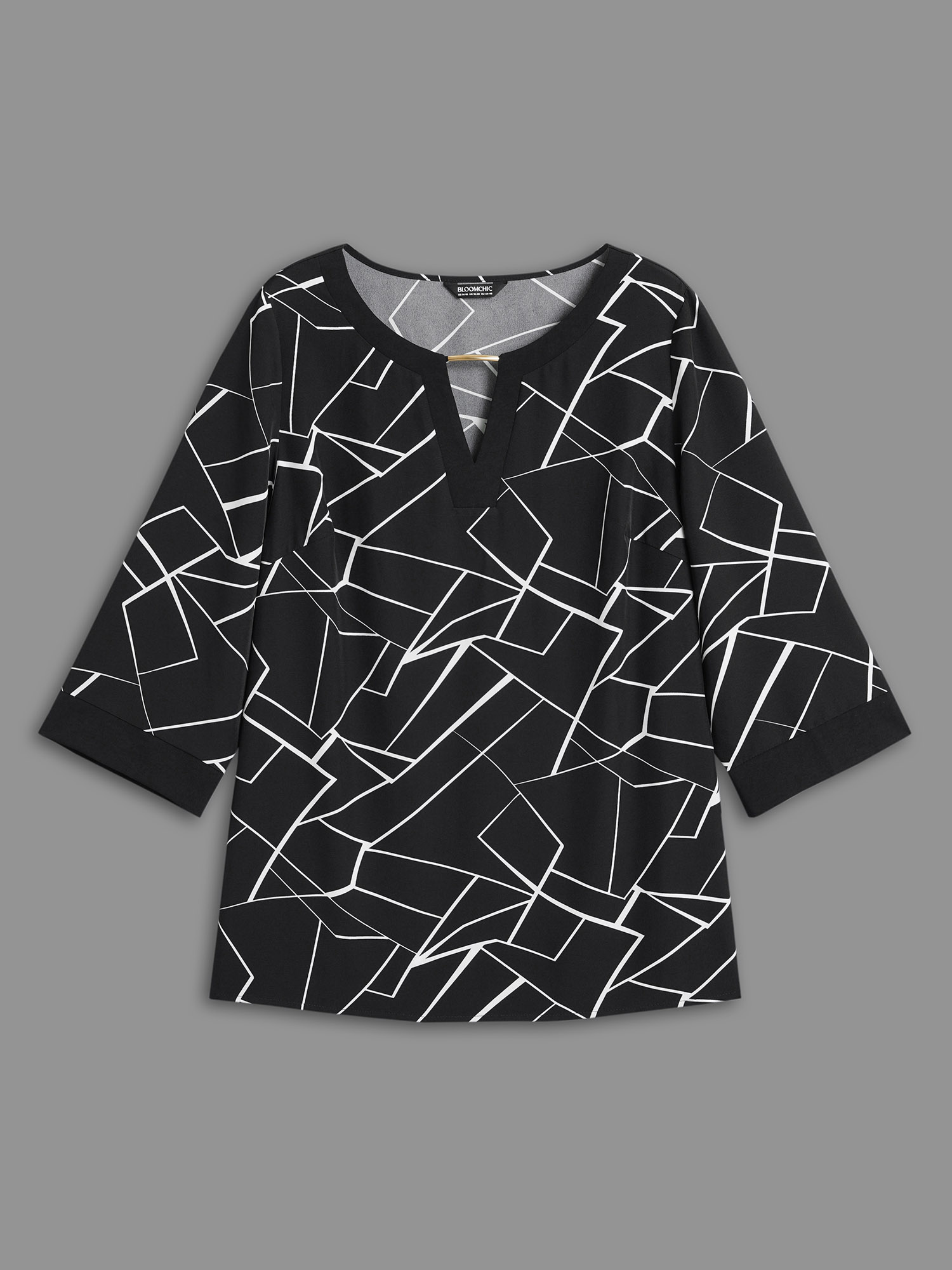 Plus Size Black Geometric Print Metal Detail Spliced Blouse Women At the Office Elbow-length sleeve Round Neck Work Blouses BloomChic 28/5X 