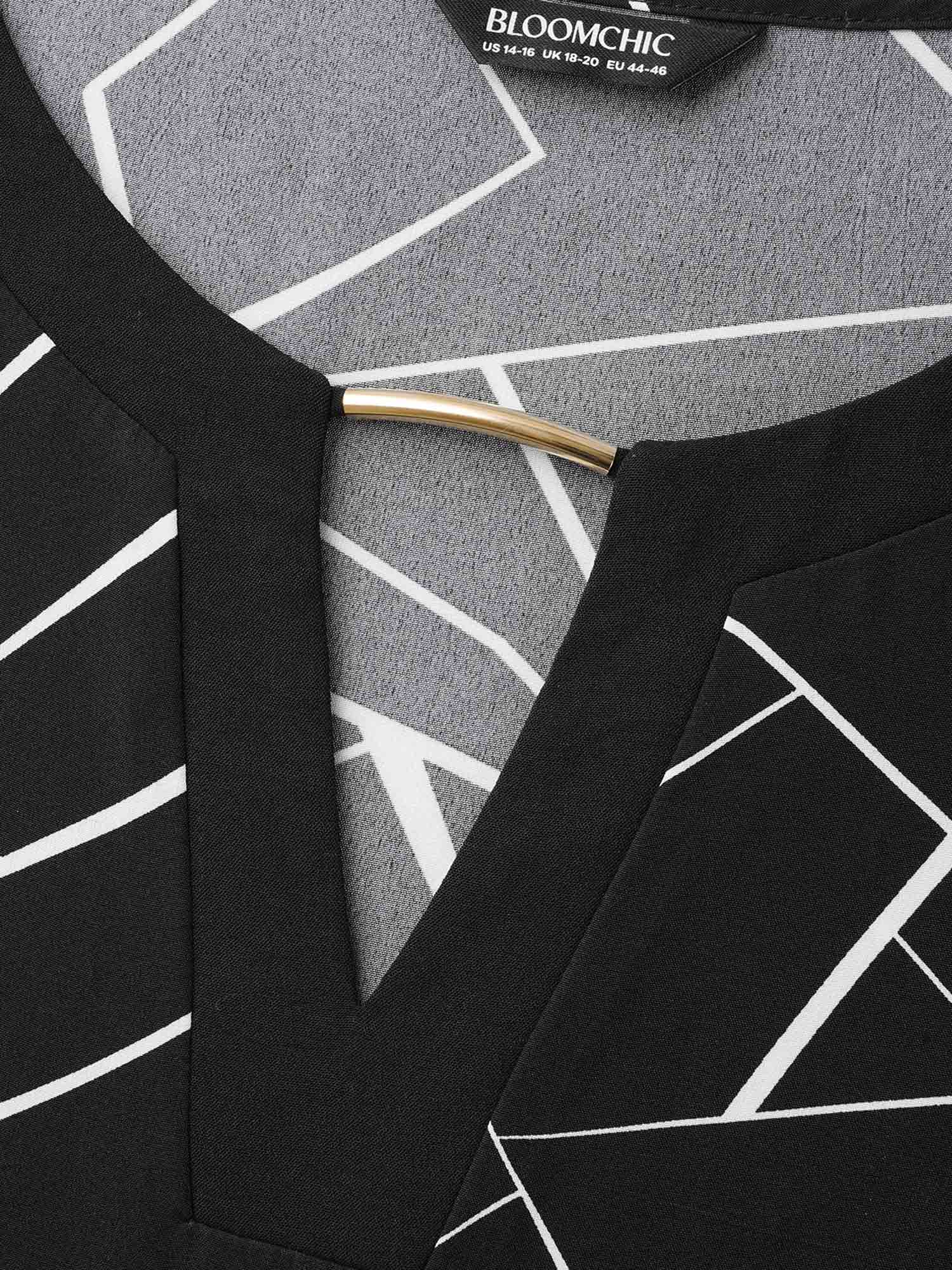 Plus Size Black Geometric Print Metal Detail Spliced Blouse Women At the Office Elbow-length sleeve Round Neck Work Blouses BloomChic 28/5X 