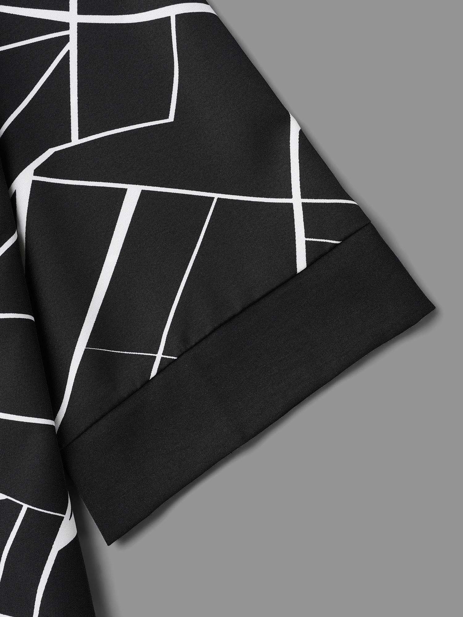 Plus Size Black Geometric Print Metal Detail Spliced Blouse Women At the Office Elbow-length sleeve Round Neck Work Blouses BloomChic 28/5X 