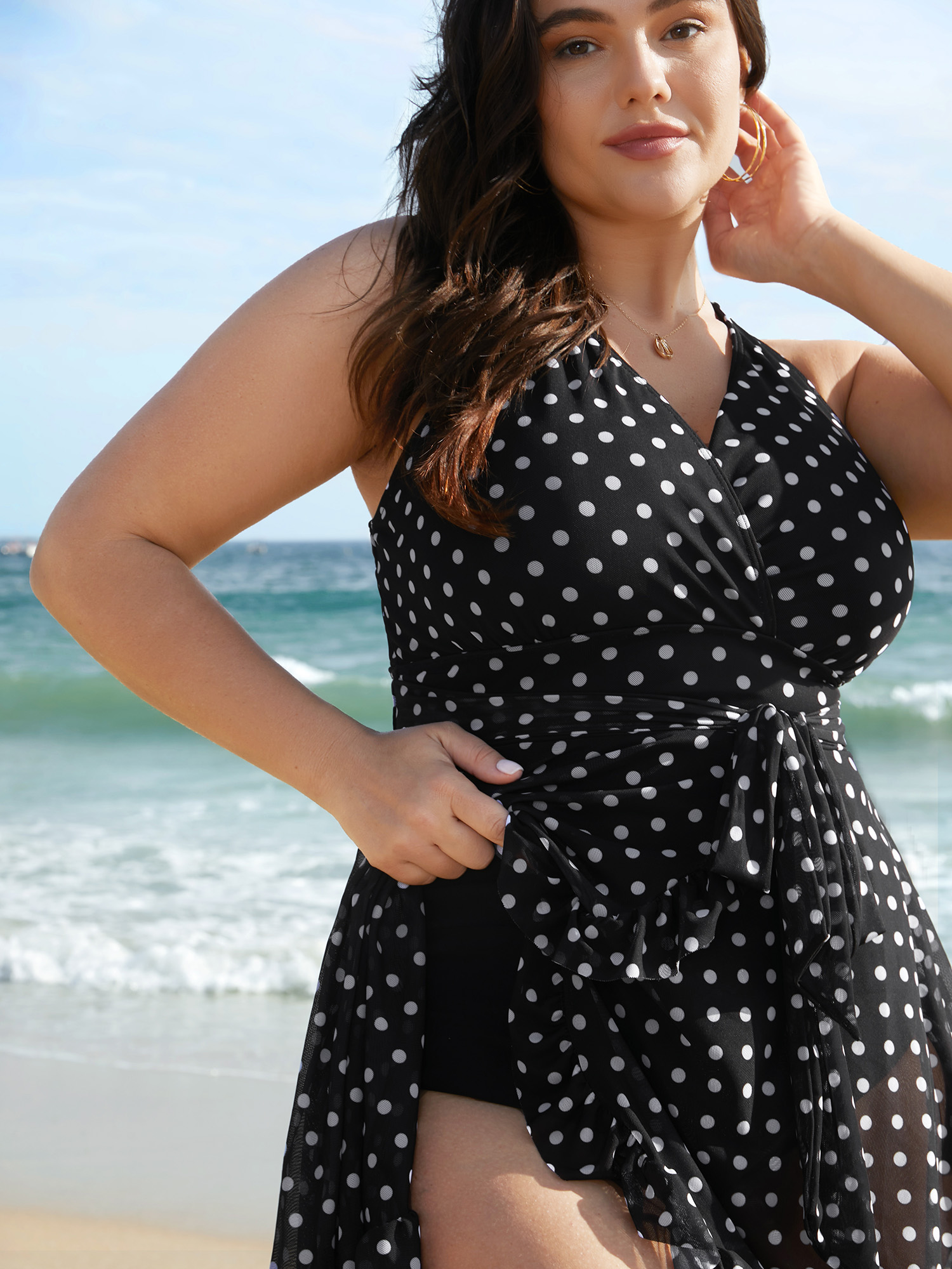 

Plus Size Polka Dot Ruffled Hem Belted Swim Dress Women's Swimwear Black Beach Bodycon Overlap Collar High stretch Curve Swim Dresses BloomChic