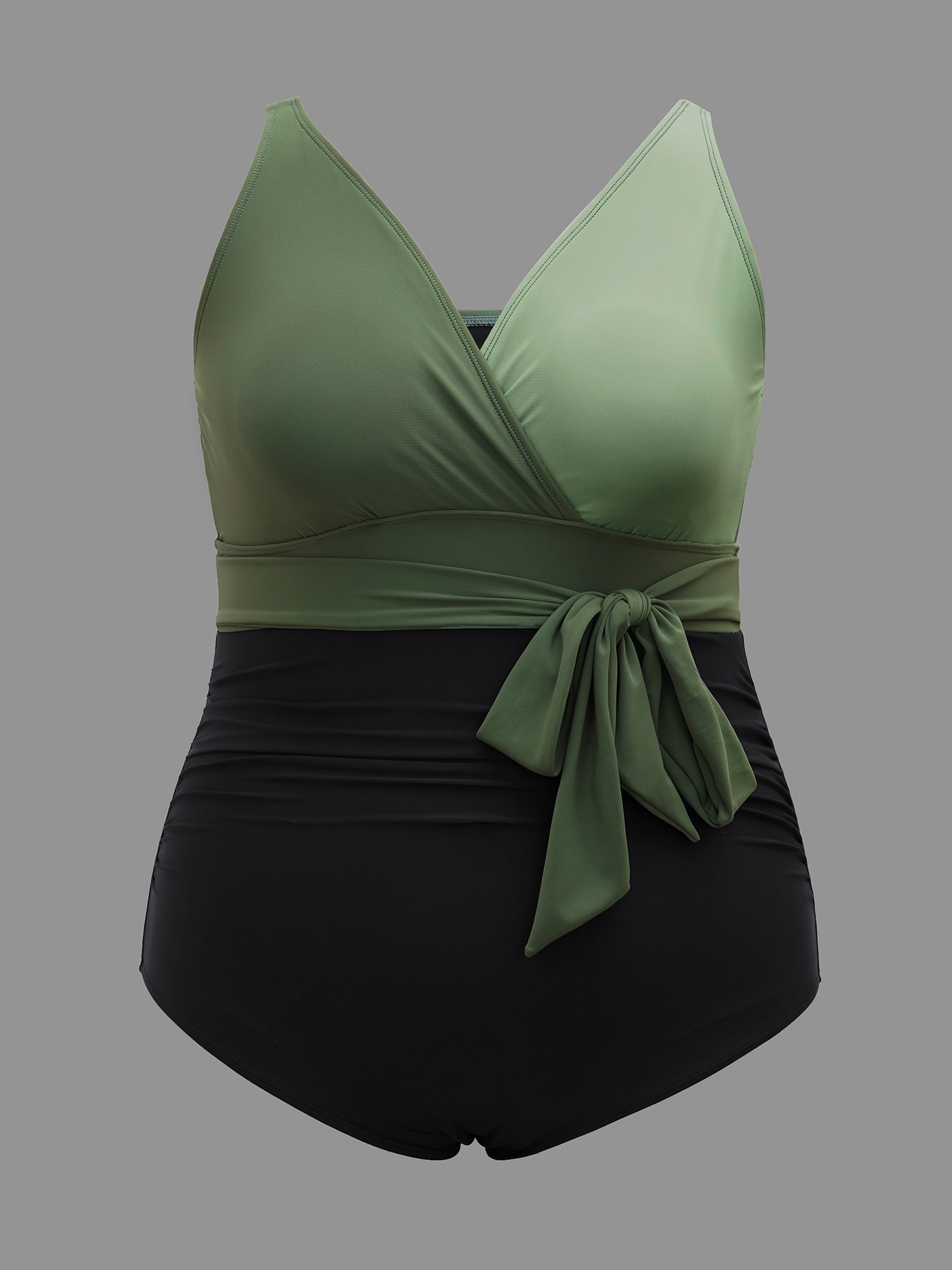 Plus Size Color Block Waist-Tie One-Piece Swimsuit Women`s Swimwear ArmyGreen Beach Gathered Curve Bathing Suits High stretch One Pieces BloomChic 28/5X 