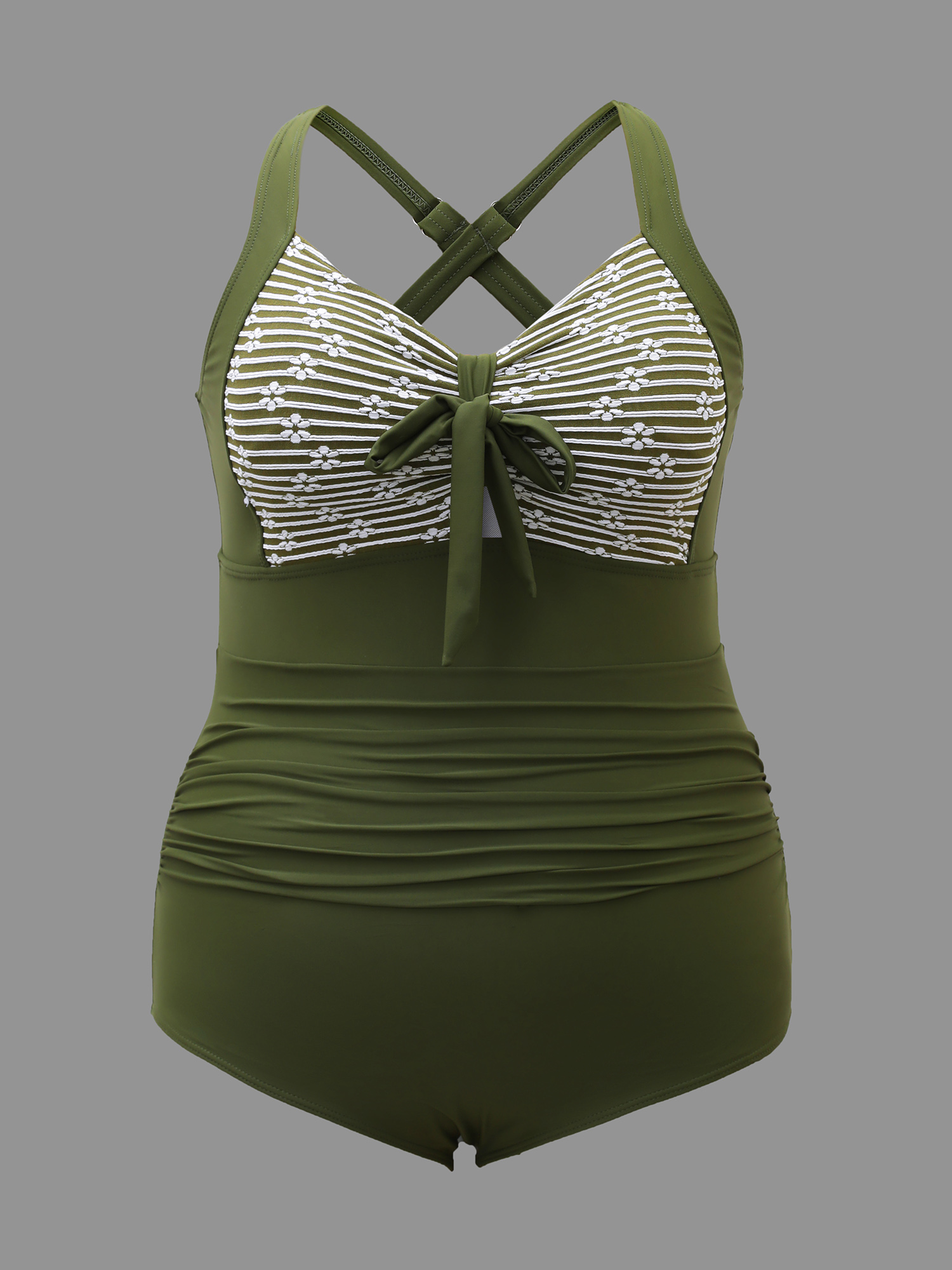Plus Size Striped Adjustable Bow-Front One-Piece Swimsuit Women`s Swimwear ArmyGreen Beach Gathered Curve Bathing Suits High stretch One Pieces BloomChic 26/4X 